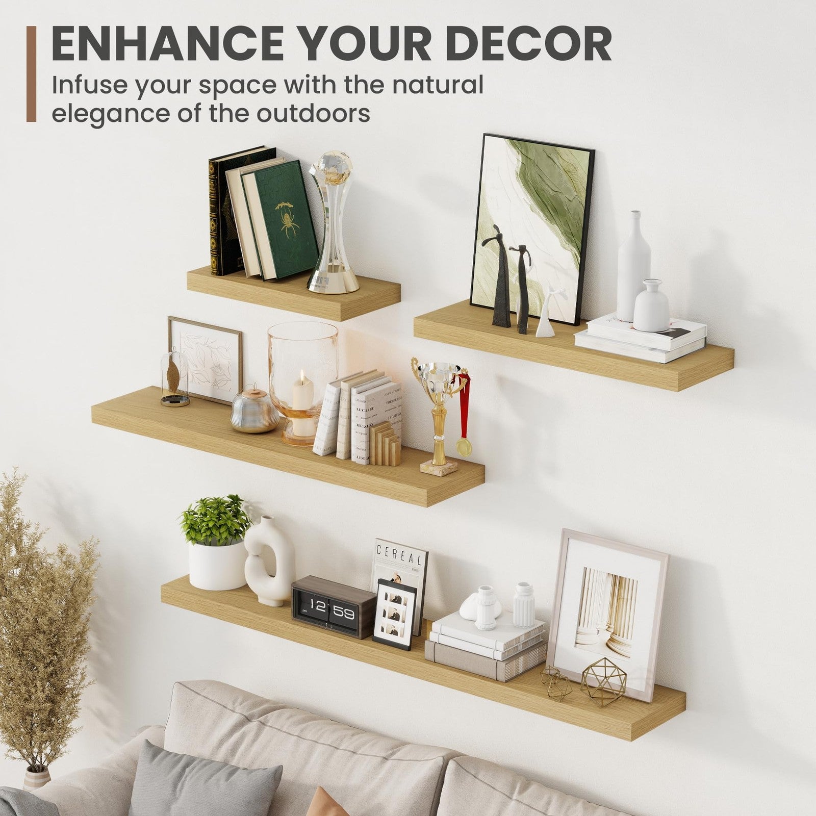 Acovy 24-inch floating wall shelves, 8-inch deep, made of wood, mounted on a wall with decorative items displayed on top.
