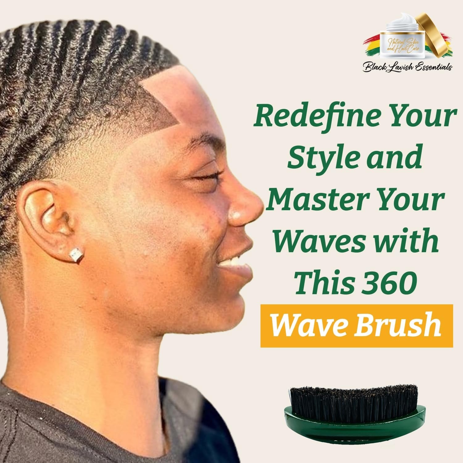 Black Lavish Essentials 360 wave brush with curved design, featuring soft and hard boar bristles for building deep, styled waves.