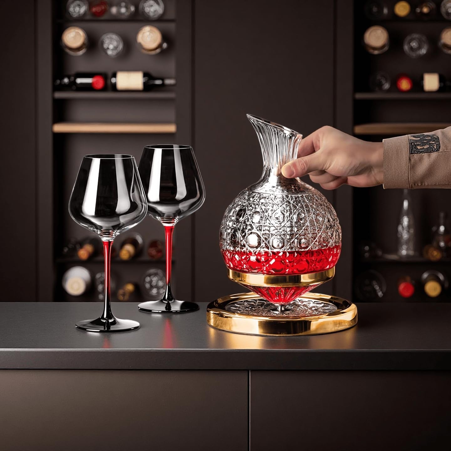 Jarler wine decanter set with spinning crystal glass carafes and football-shaped jarler for red wine presentation.