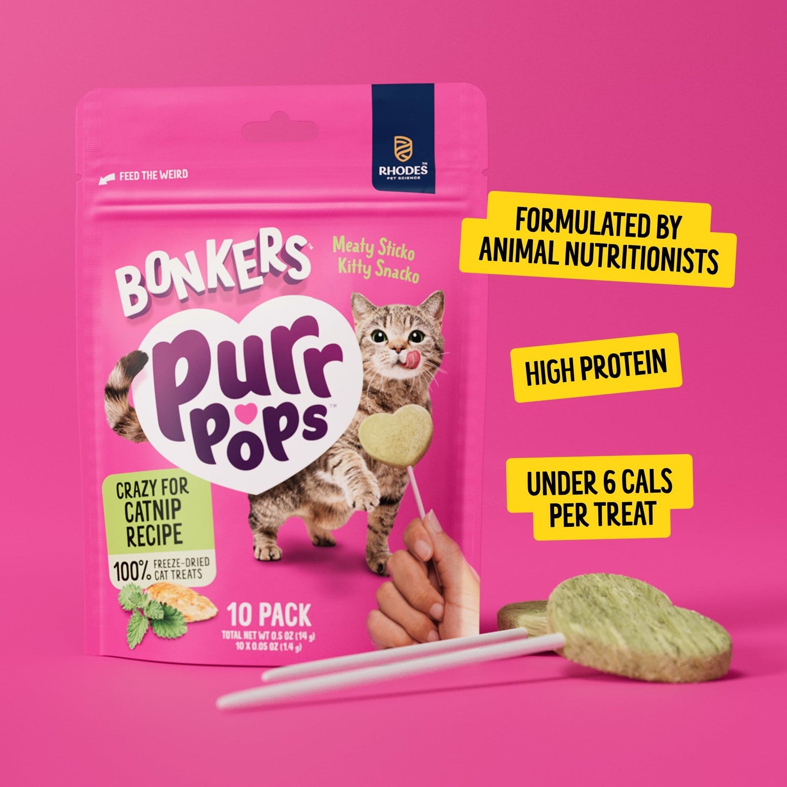 Bonkers Purrpops freeze-dried catnip flavor lollipop treats for cats, 52-count, showing colorful treats on a white background.