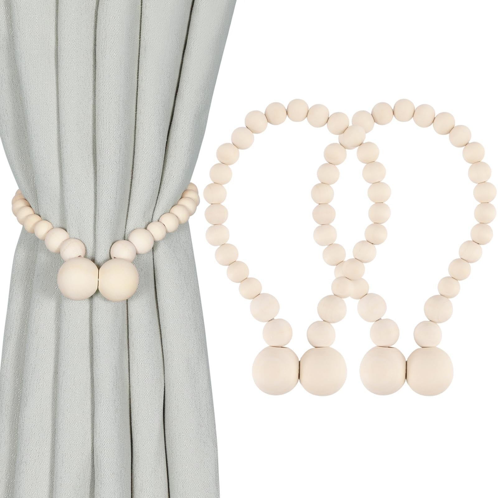 KLOGTSIND magnetic wood bead curtain tiebacks with boho style, natural wood beads holding back curtains without drilling.