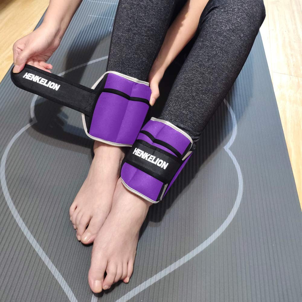 Pair of adjustable 10 lbs ankle weights for women, men, and kids from Henkelion, shown on a person’s ankles during exercise.