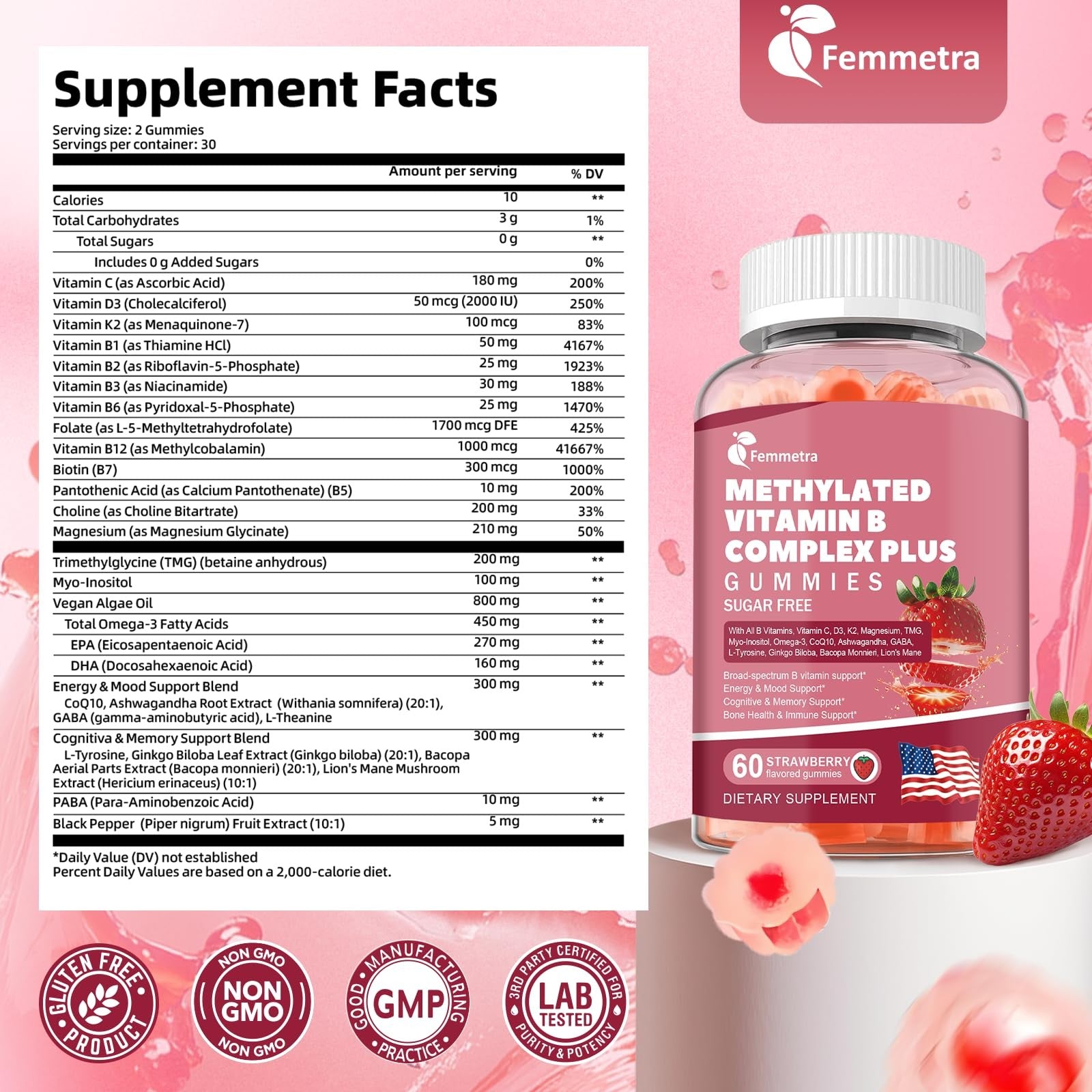 Femmetra Ultra Methylated Vitamin B Complex Sugar Free Gummies with all B vitamins and vitamin supplement, shown in a clear container