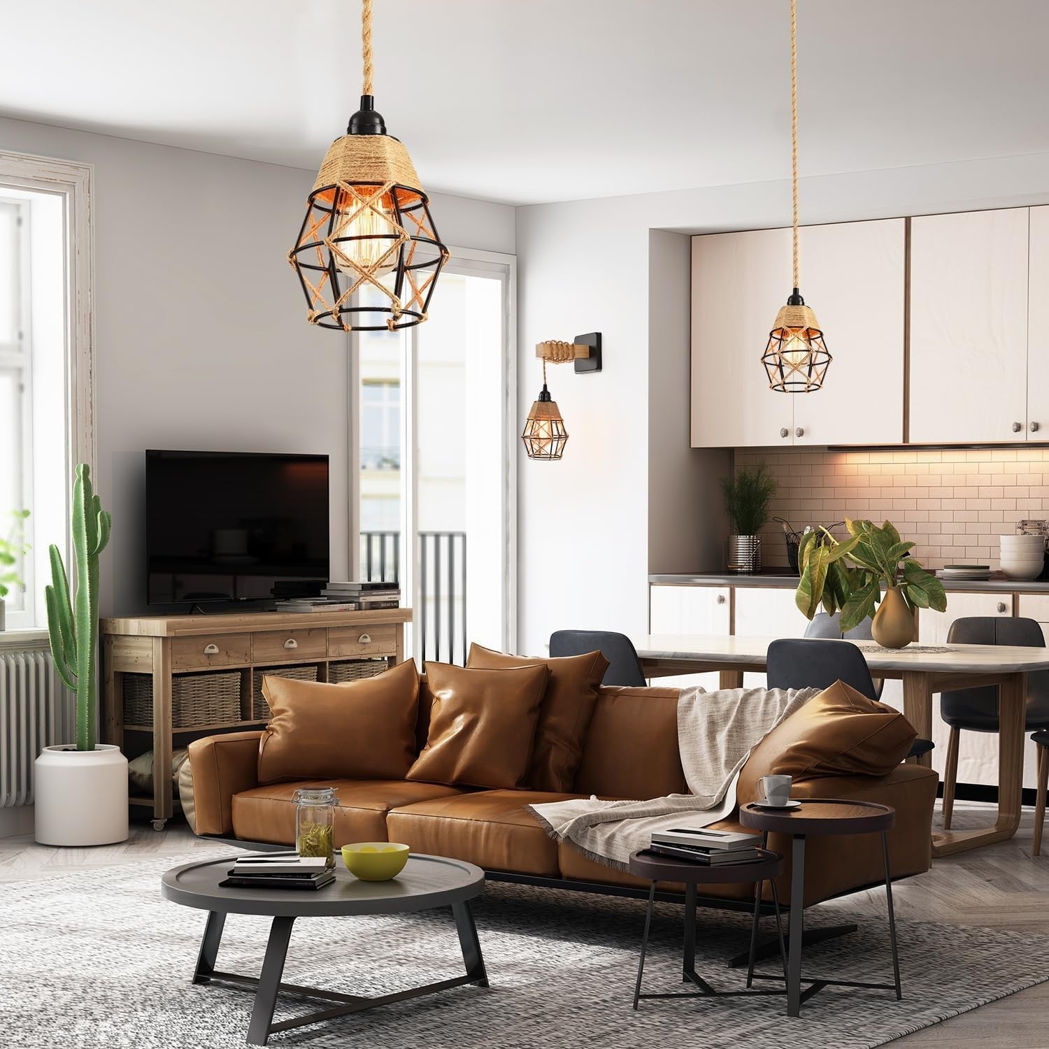 Industrial hanging light by CAFULAM with hemp rope, plug-in cord, on/off switch, ideal for farmhouse-style interior lighting.