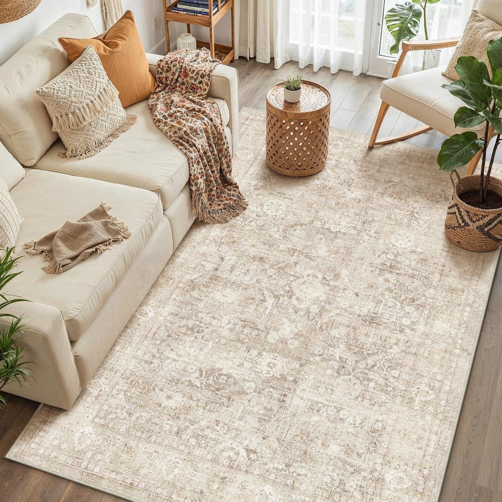 WondRg beige washable area rug for entryway, soft neutral non-slip carpet with low pile, ideal for home entrance flooring.