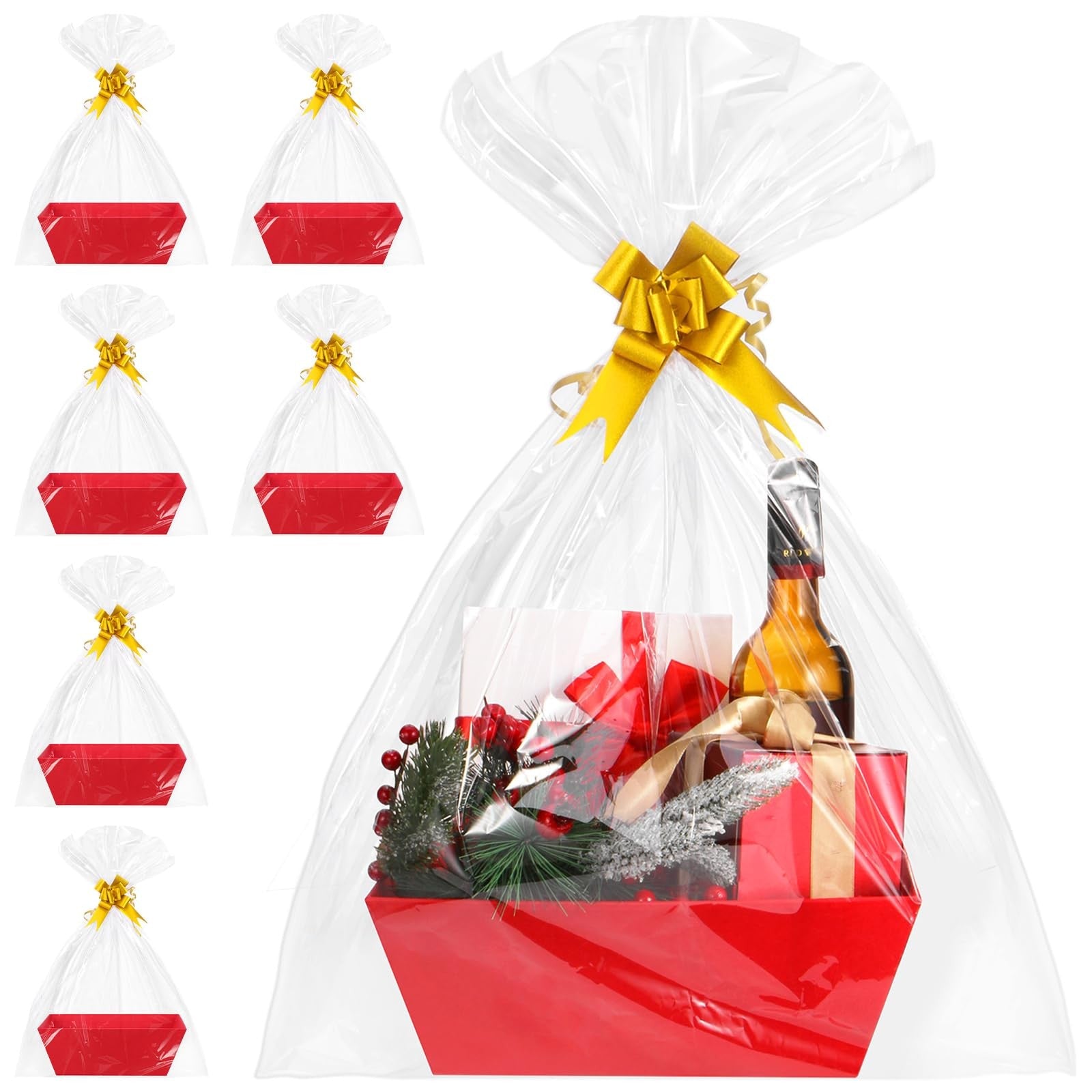 Six red gift baskets with bows, 10x12 inches, thick wicker style baskets from AFOROEOA for gift packaging or decoration.
