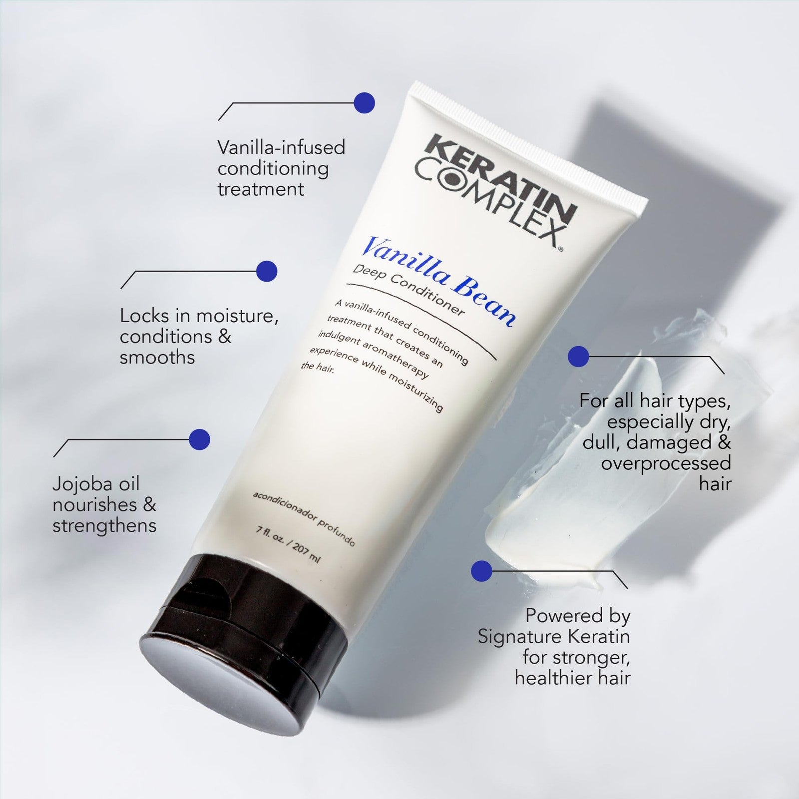 Keratin Complex Vanilla Bean Deep Conditioner 7 oz jar with creamy texture and vanilla bean scent, for nourishing hair care.