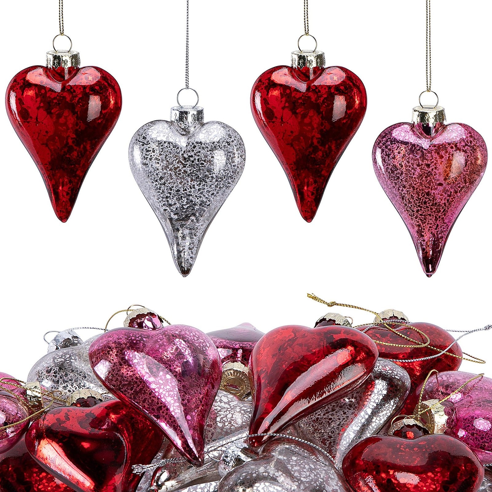 LFUTARI 12-piece Valentine's Day heart glass ornaments in antique red, 3.5 inches, featuring elegant glass hearts for festive decor.