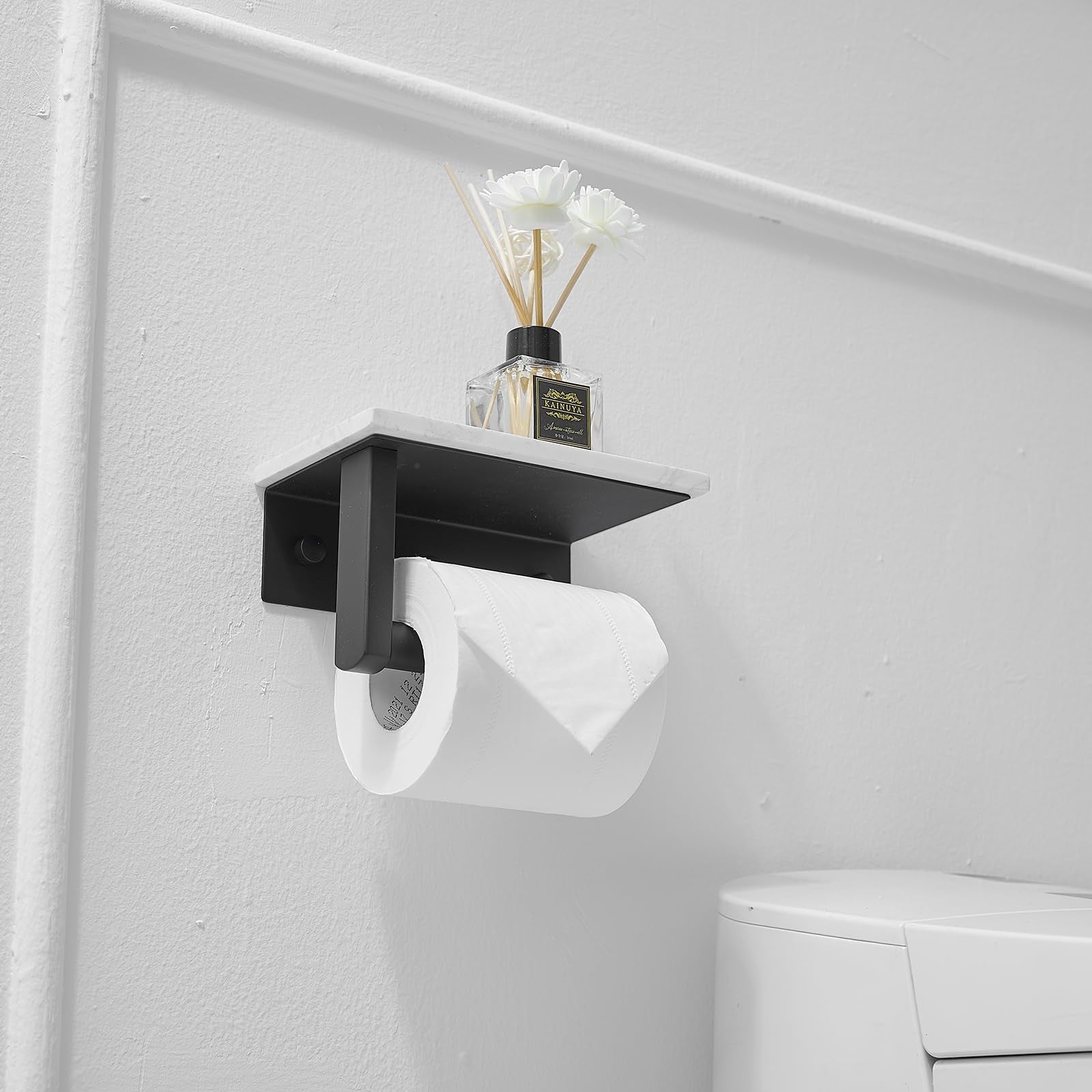 BWE marble toilet paper holder with shelf, matte black wall-mounted design, made of 304 stainless steel, for bathroom decor.
