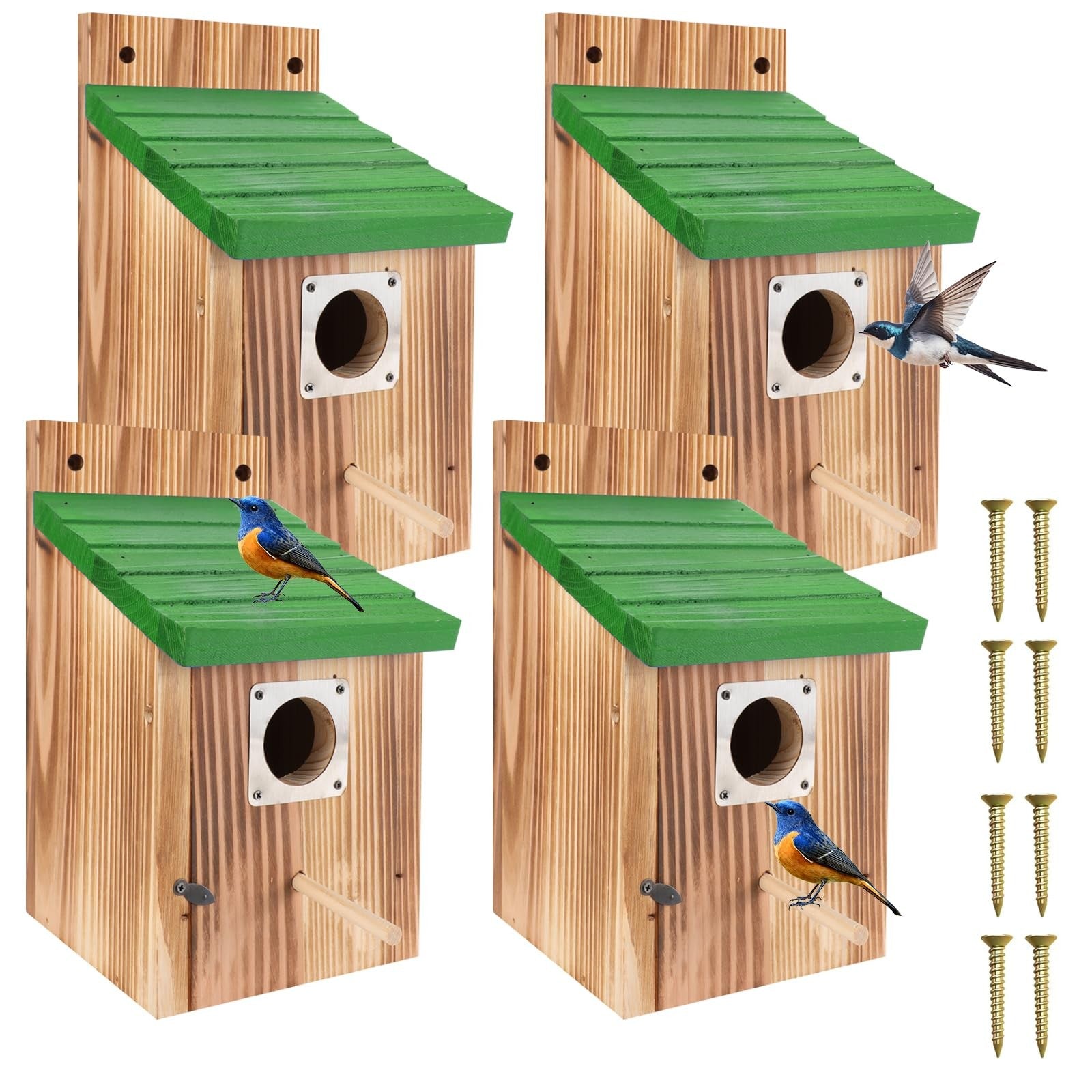 Four blue wooden bird houses for outdoors by hoamayya, featuring predator guards and designed for bluebirds.