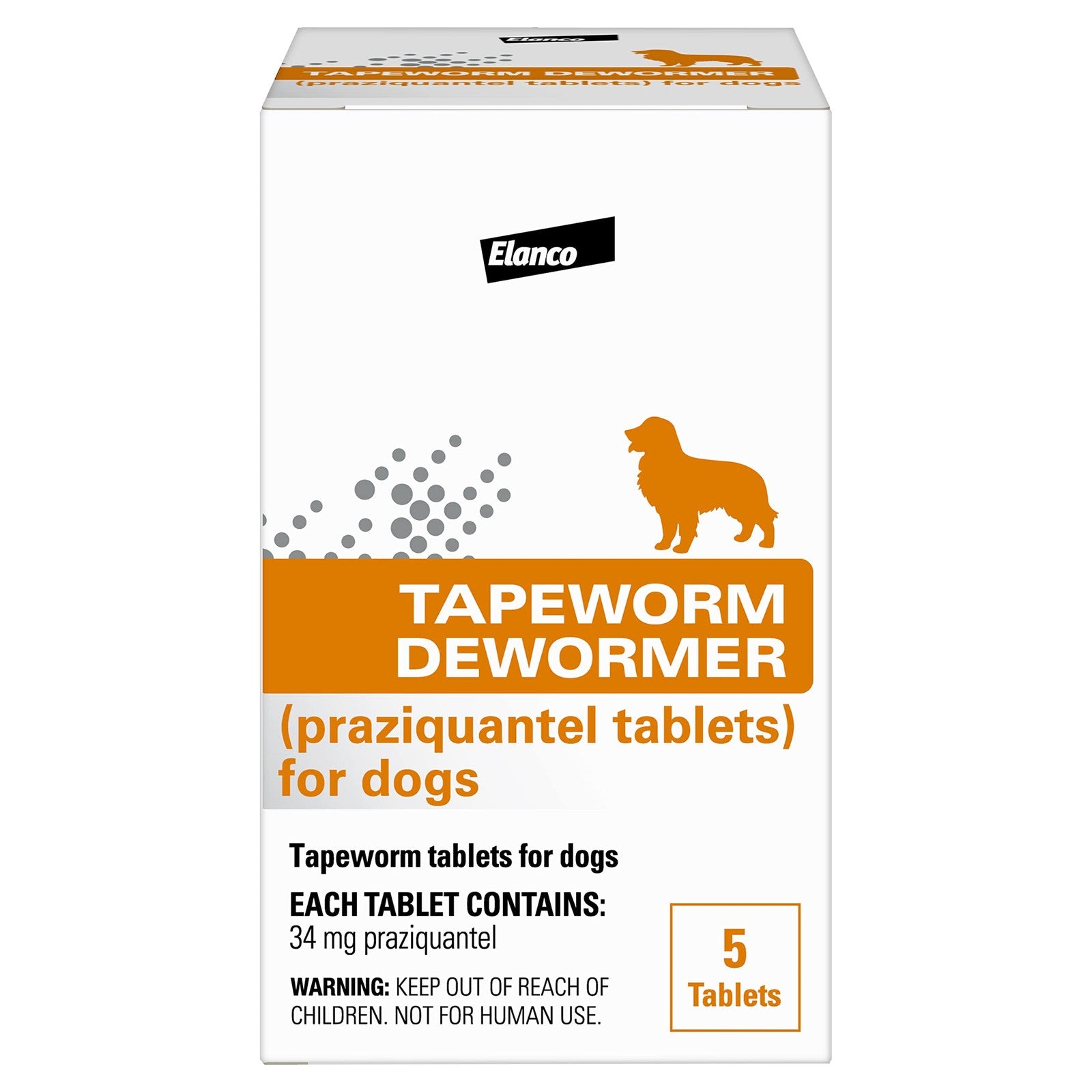 Elanco Tapeworm Dewormer Praziquantel tablets for dogs and puppies, 4 weeks+ age, showing a 5-count blister pack.