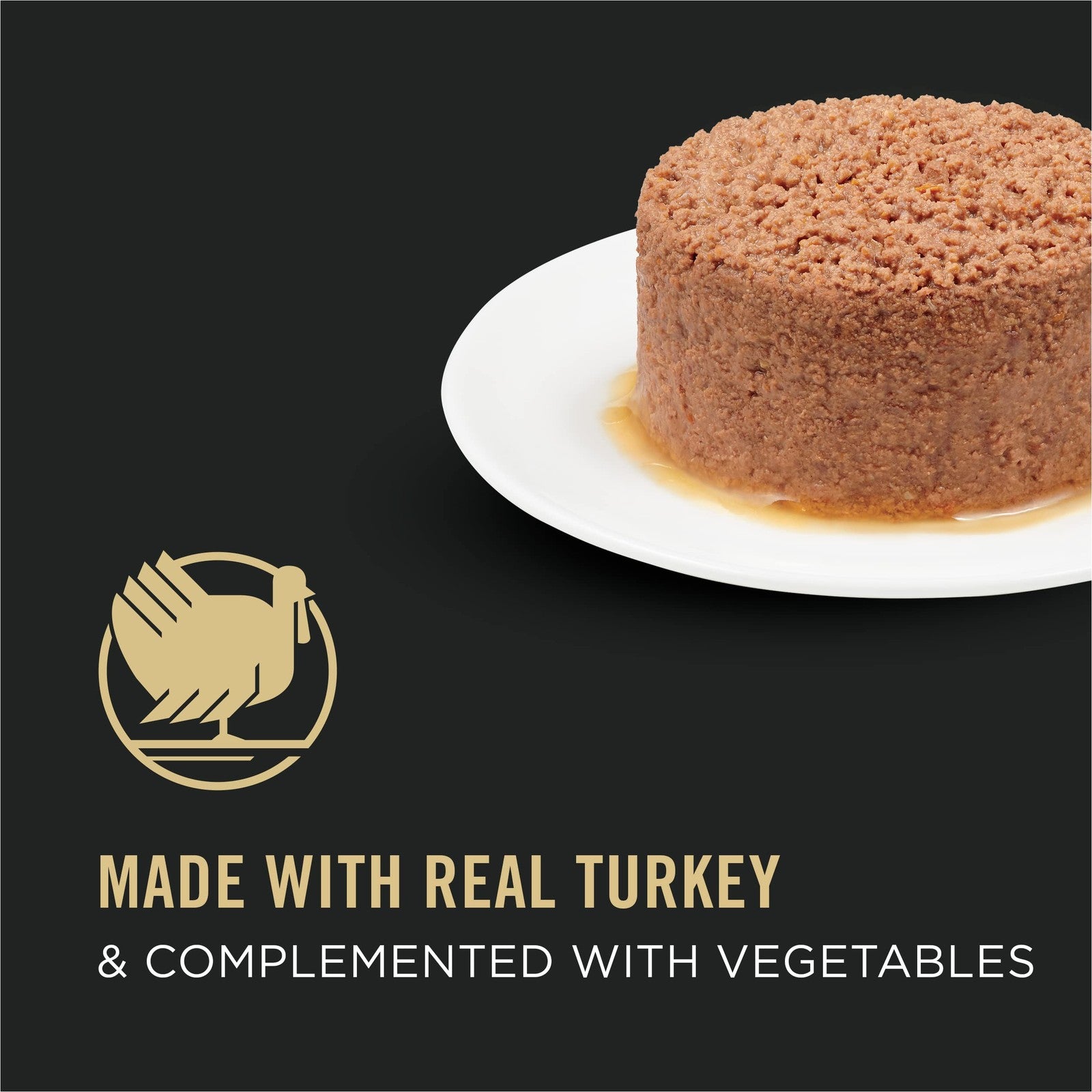 Cans of Purina Pro Plan Wet Cat Food, COMPLETE ESSENTIALS Turkey & Vegetables, grain-free, with images of turkey and vegetables on the label