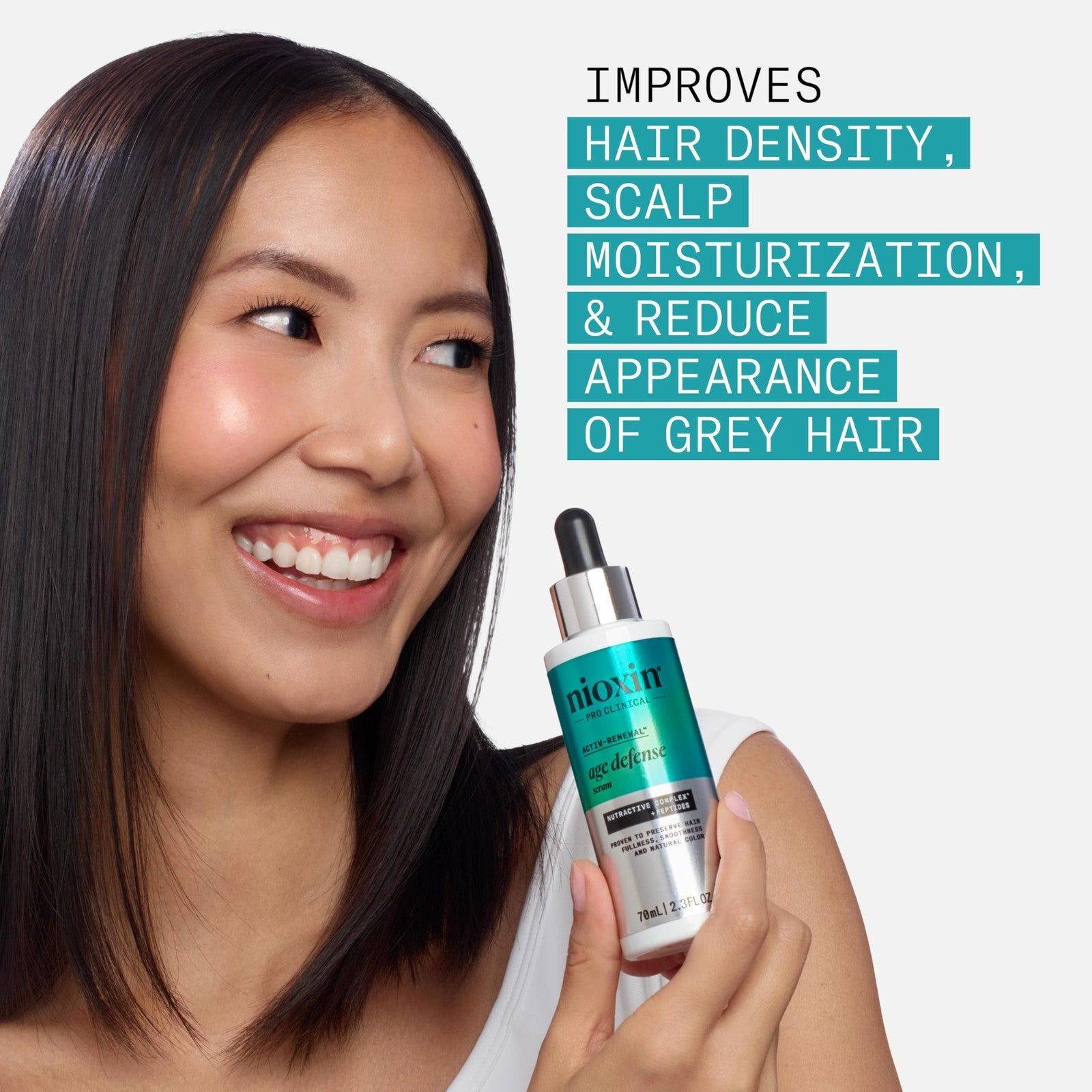 Nioxin Age Defense Anti-Aging Hair Serum leave-in scalp treatment with peptides, designed to reduce signs of aging on hair and scalp.
