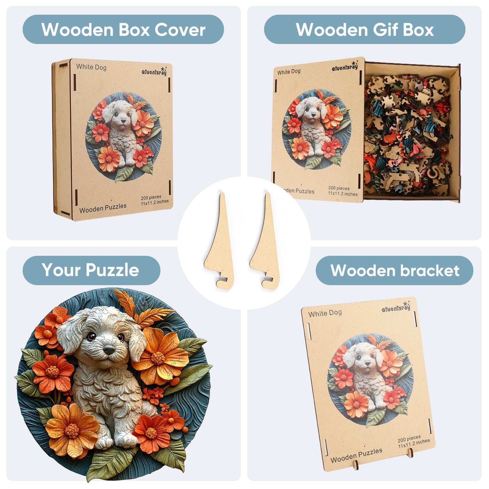 Qiuenisray Valentine's Day wooden puzzle featuring a white dog, 500-piece jigsaw for adults, assembled image visible.
