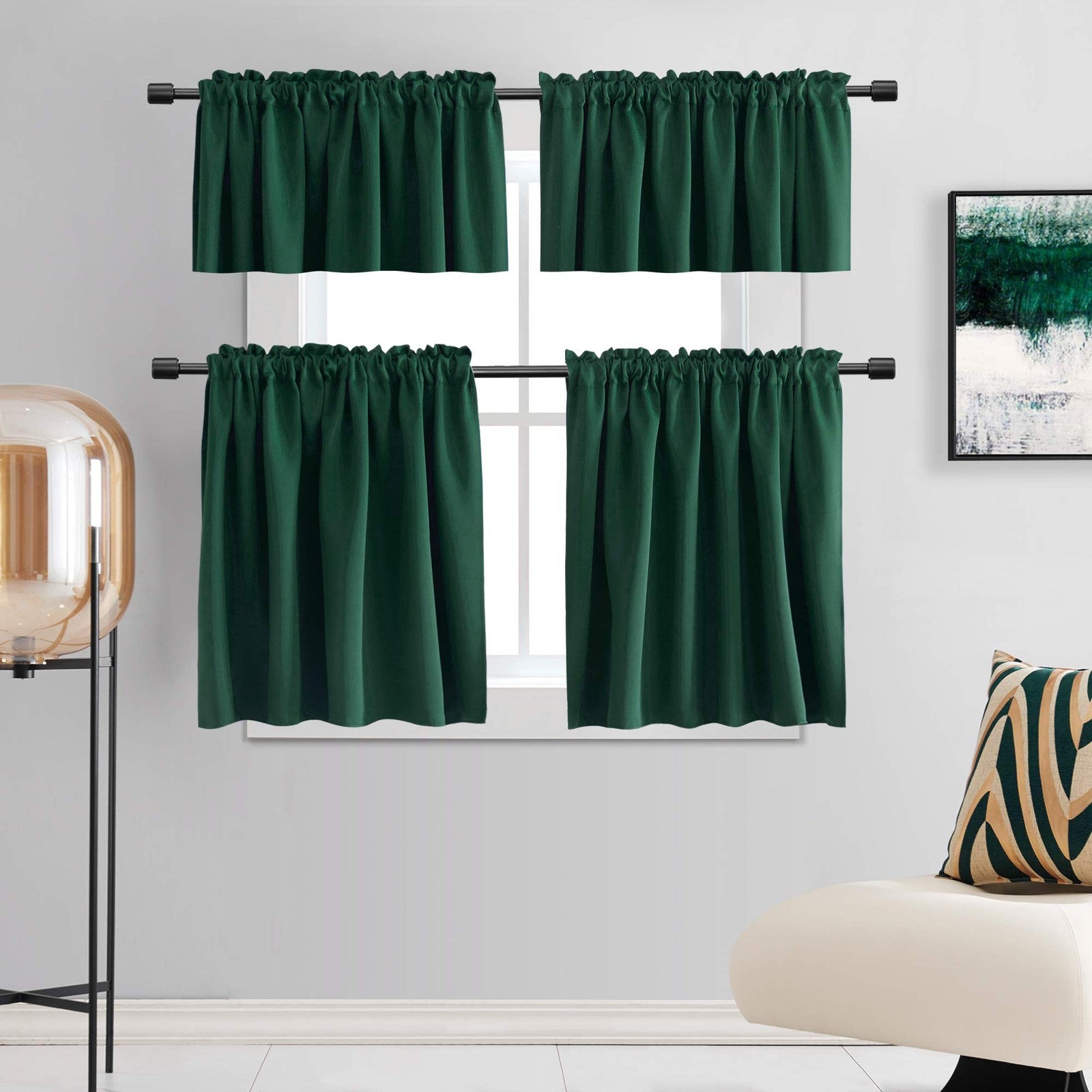 Donren hunter green curtain tiers for small windows, mini blackout curtains with layered fabric and rod pockets.