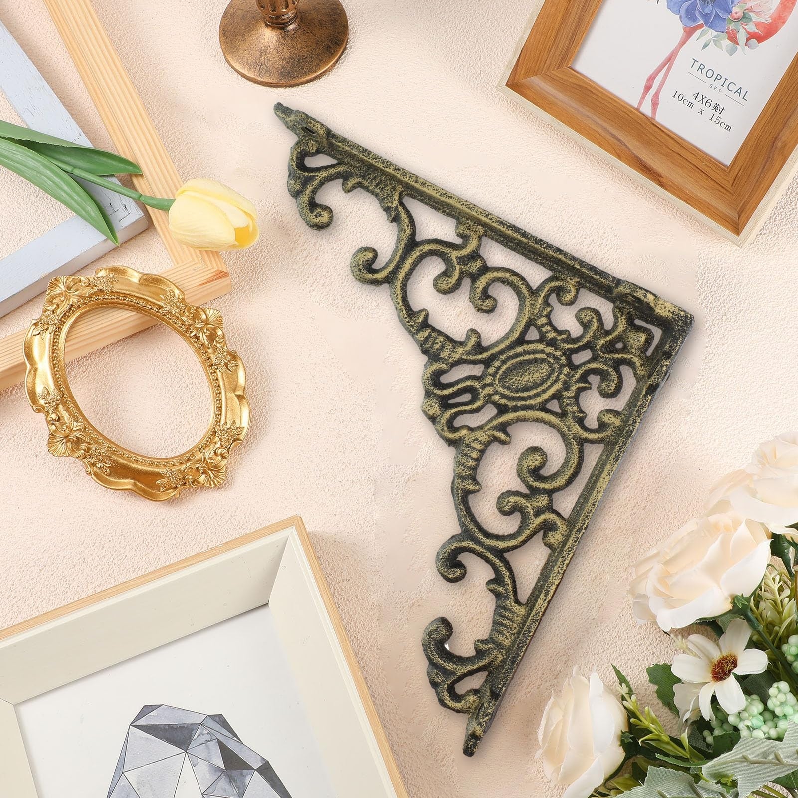 Lounsweer 4-pack heavy duty antique brass shelf brackets, 8-inch wall-mounted brackets with ornate design for sturdy shelving.