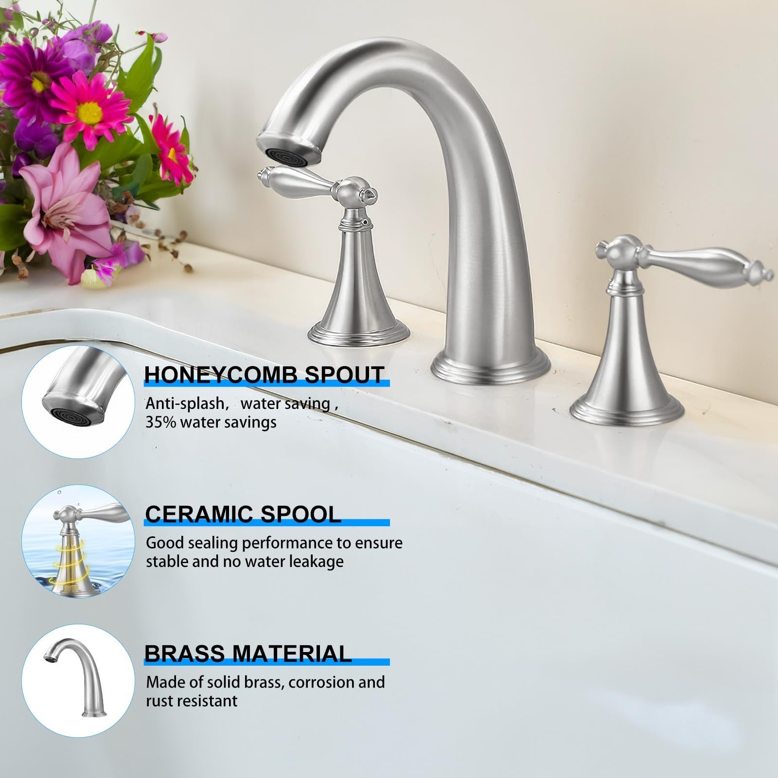 SaniteModar brushed brass bathroom sink faucet with three-hole wide design, modern and durable bathroom faucet for everyday use
