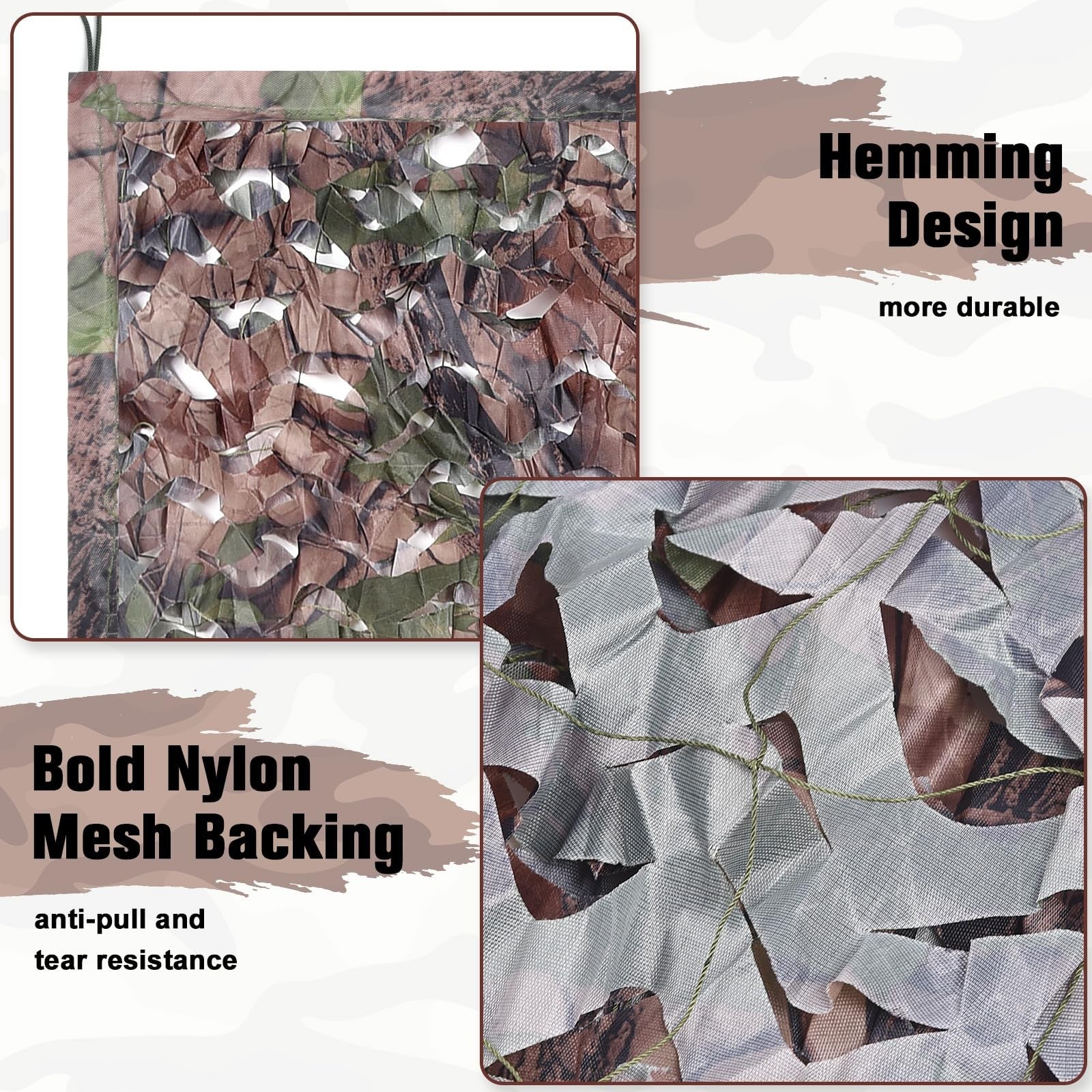 Unbranded camouflage netting mesh for military surplus hunting blinds, featuring green and brown camo patterns for concealment.