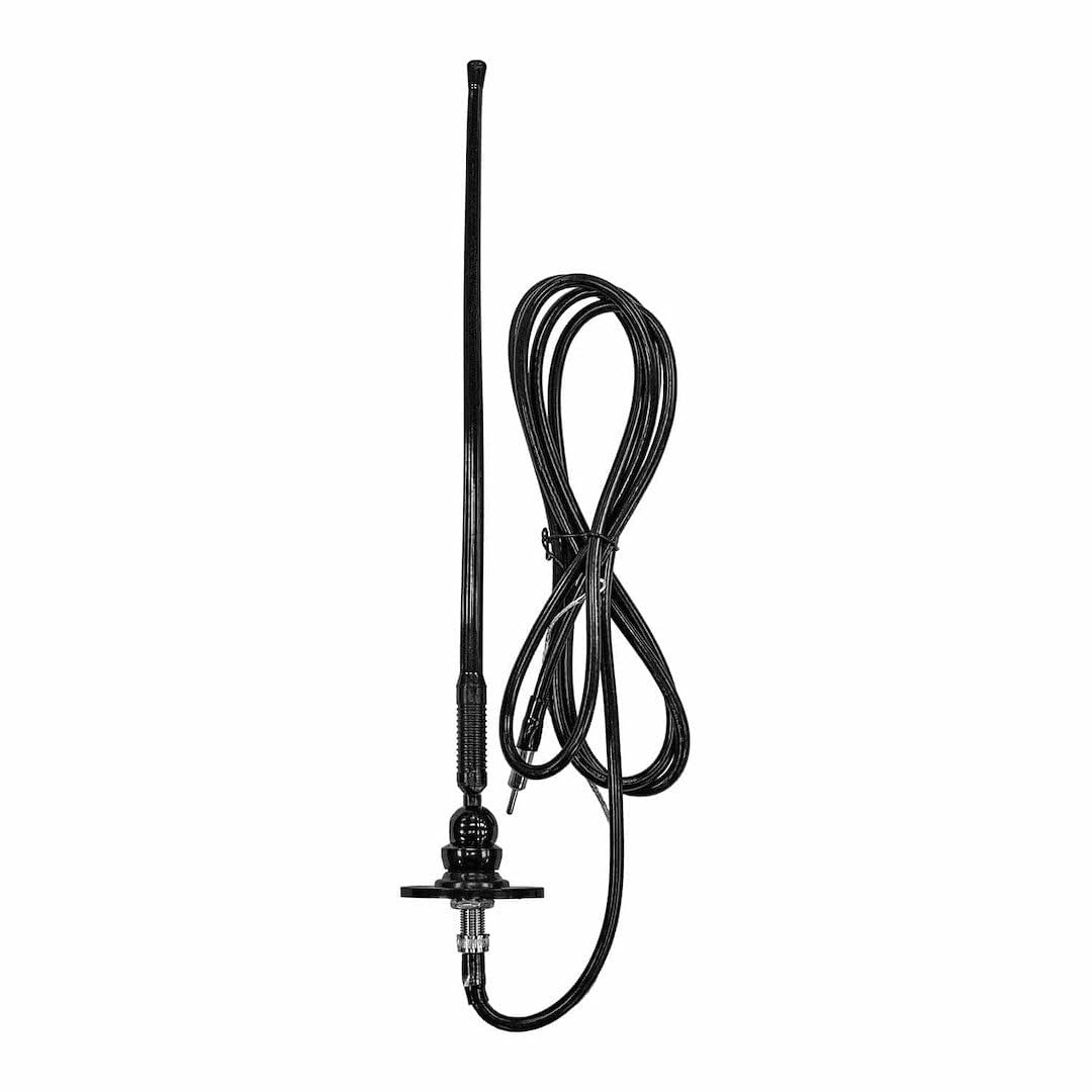 ASA Jensen rubber mast AM/FM RV antenna with top and side mounting, designed for durable outdoor radio signal reception.