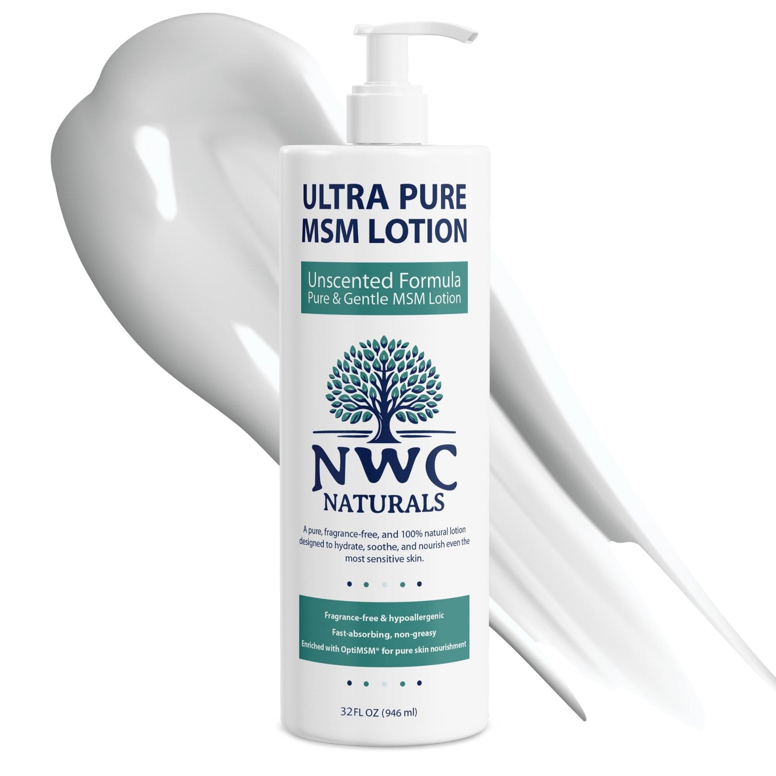 NWC Naturals Ultra-Pure MSM Unscented Lotion 32oz bottle with no fragrance, creamy lotion texture, suitable for sensitive skin.