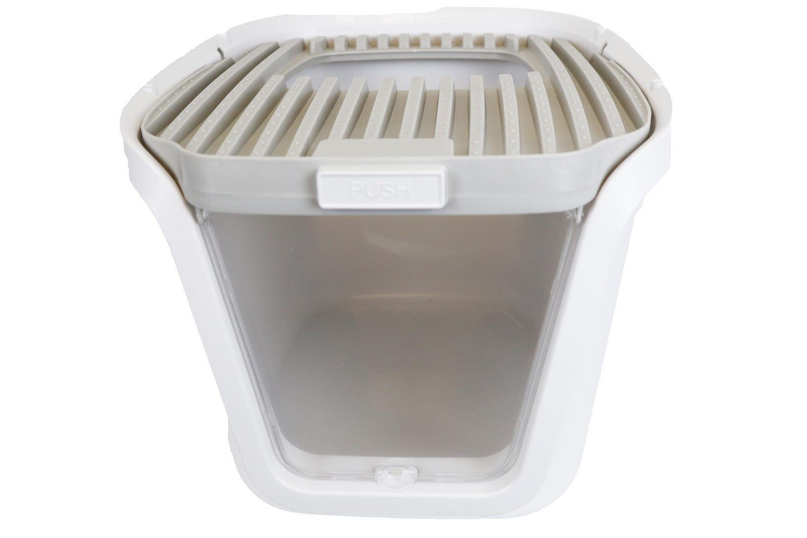H2Pro cat litter box with built-in scoop and included cat toy, measuring 21.85x17.52x15.08 inches, shown with litter and accessories.