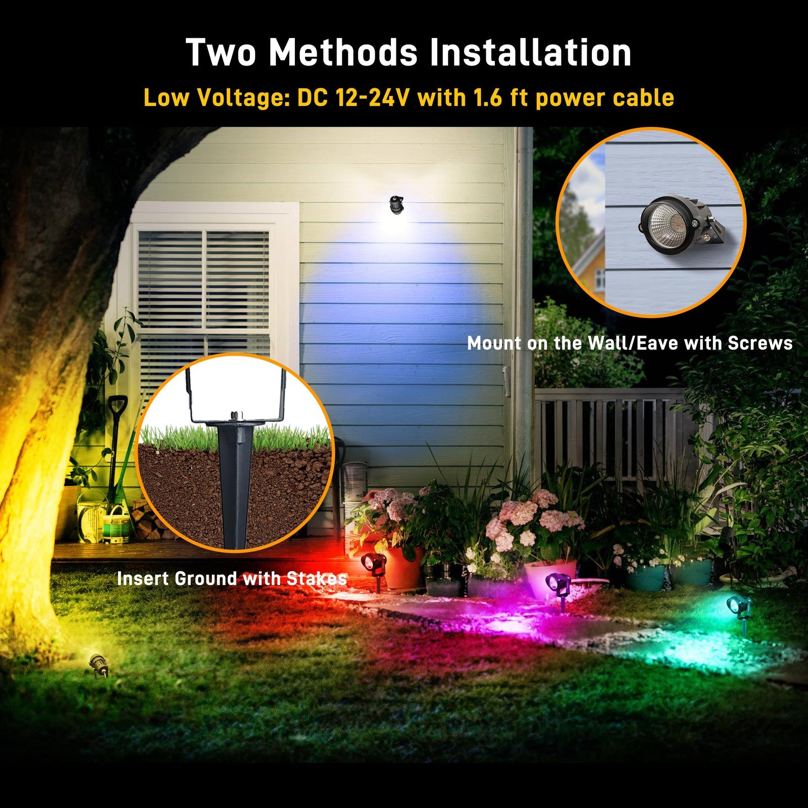 UPONELED 12W RGBW outdoor landscape spotlights illuminating a yard with colorful Christmas light displays.