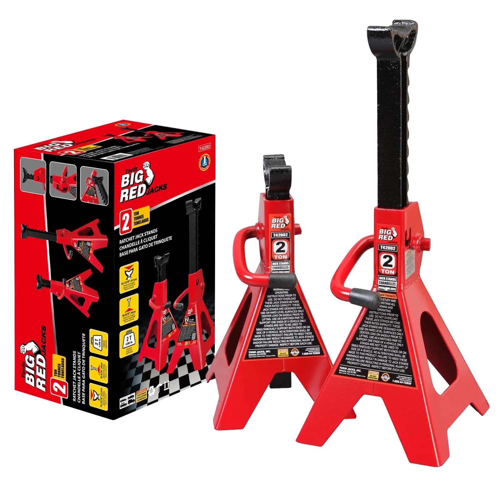 Pair of BIG RED 2-ton steel car jack stands with adjustable height and wide bases, designed for automotive cars and sedans.