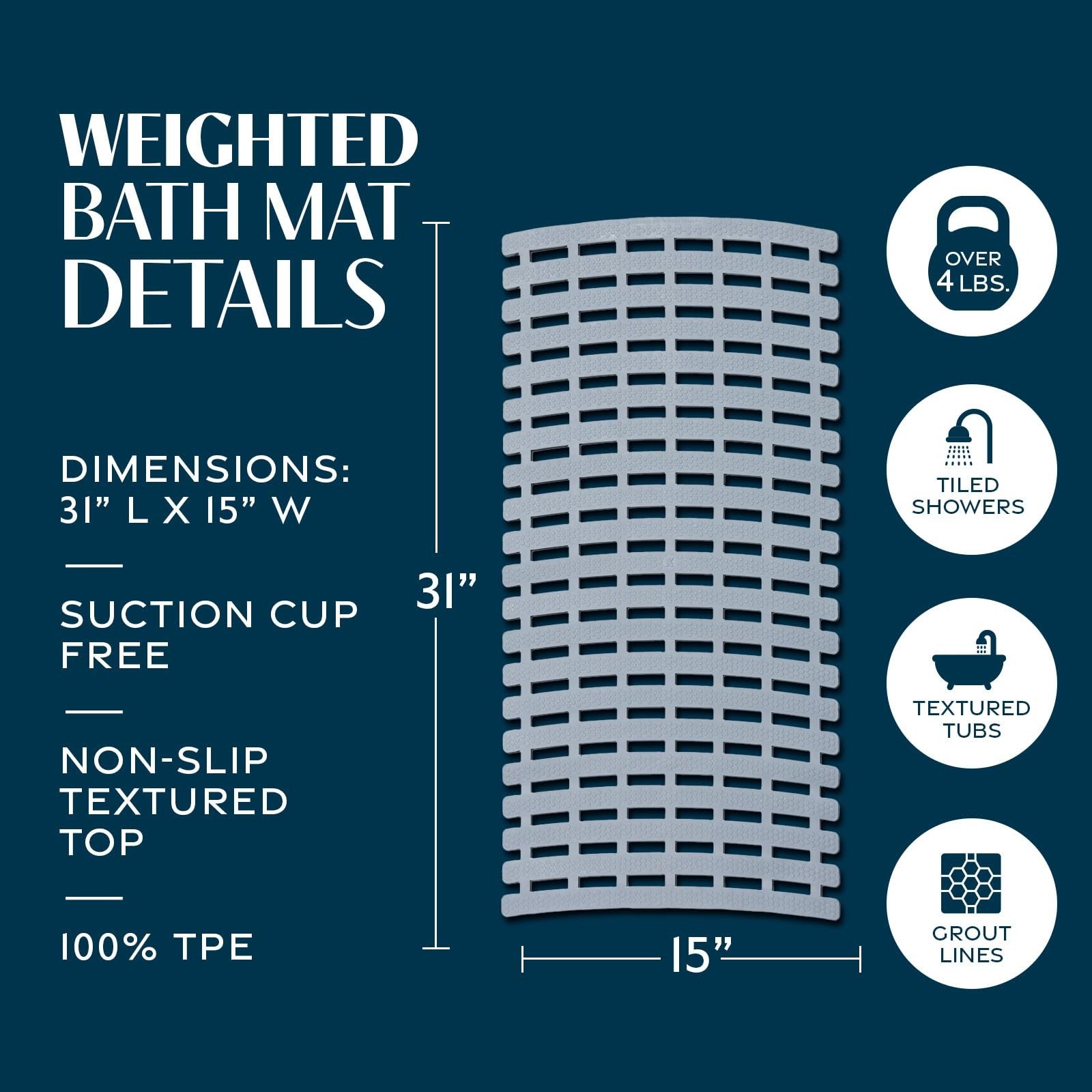 SlipX Solutions weighted non-slip bath mat with textured surface for tubs and showers, featuring suction cups for safety.