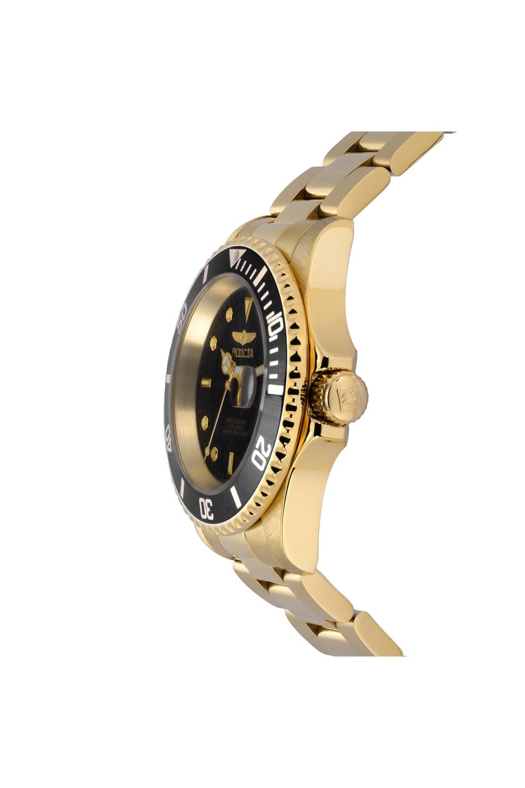 Invicta Pro Diver men's gold quartz watch with 20mm stainless steel band, displayed in its box.