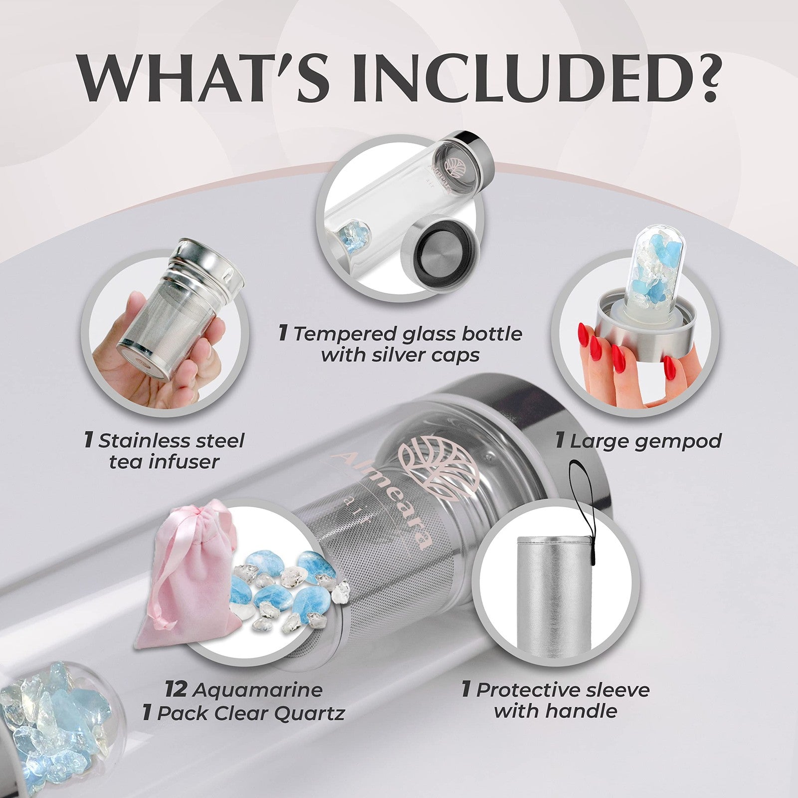 Almeara crystal water bottle with aquamarine and clear quartz inside, lead-free and BPA-free, showing the bottle and gemstones.