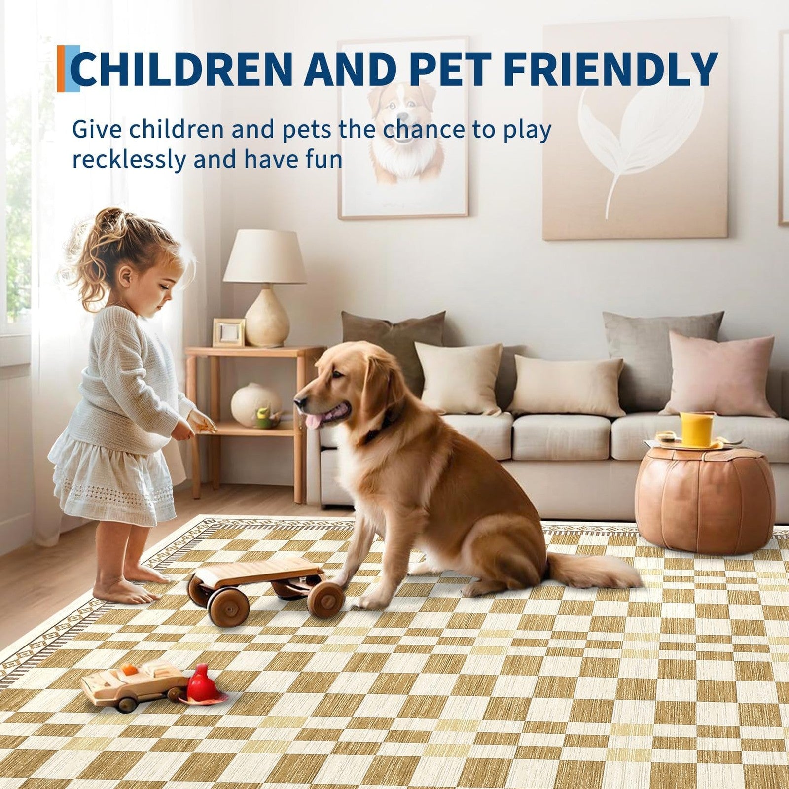Garvee washable checkered area rug in neutral colors, 8x10 size, ideal for living room decor and large floor coverage.
