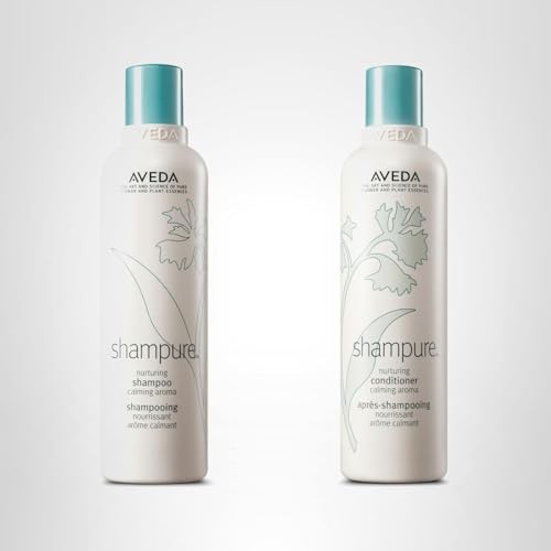 Aveda Shampure Nurturing Shampoo and Conditioner gift set with two bottles, featuring natural botanical ingredients and sleek packaging.