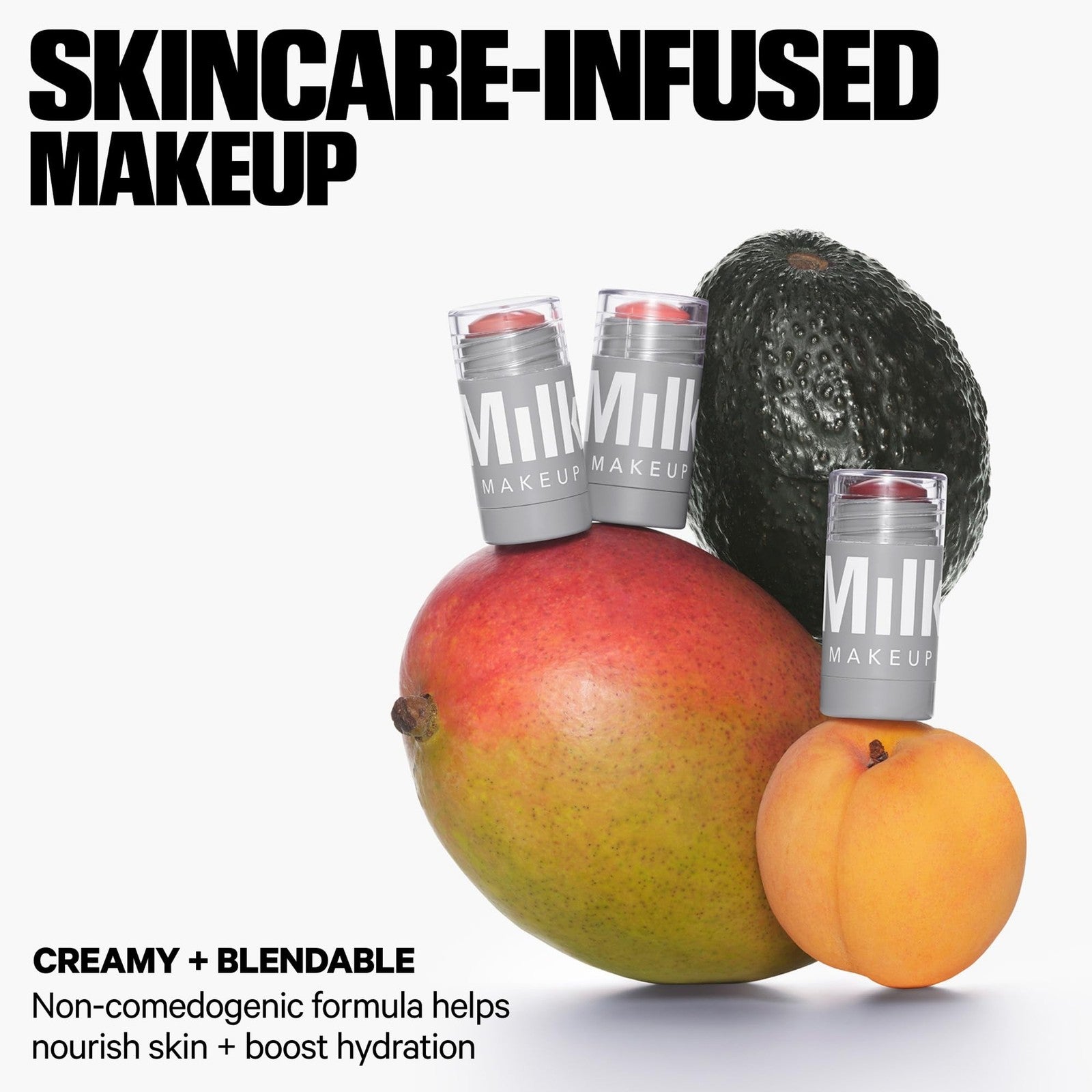 Milk Makeup Lip Cheek Stick with buildable cream blush and hydrating mango extract, showing the stick and swatched product.