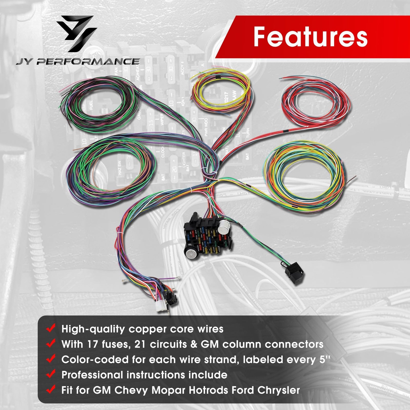 JY PERFORMANCE universal 21 circuit wiring harness kit with extra long wires, showing the organized black wiring and connectors.