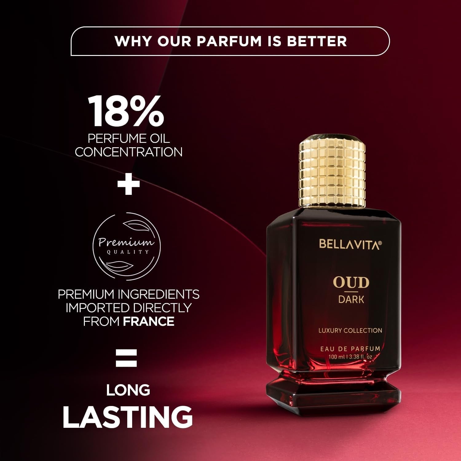 BellaVita Luxury OUD Dark EDP 100ml unisex Arabian perfume bottle with elegant design and dark-colored fragrance accents.