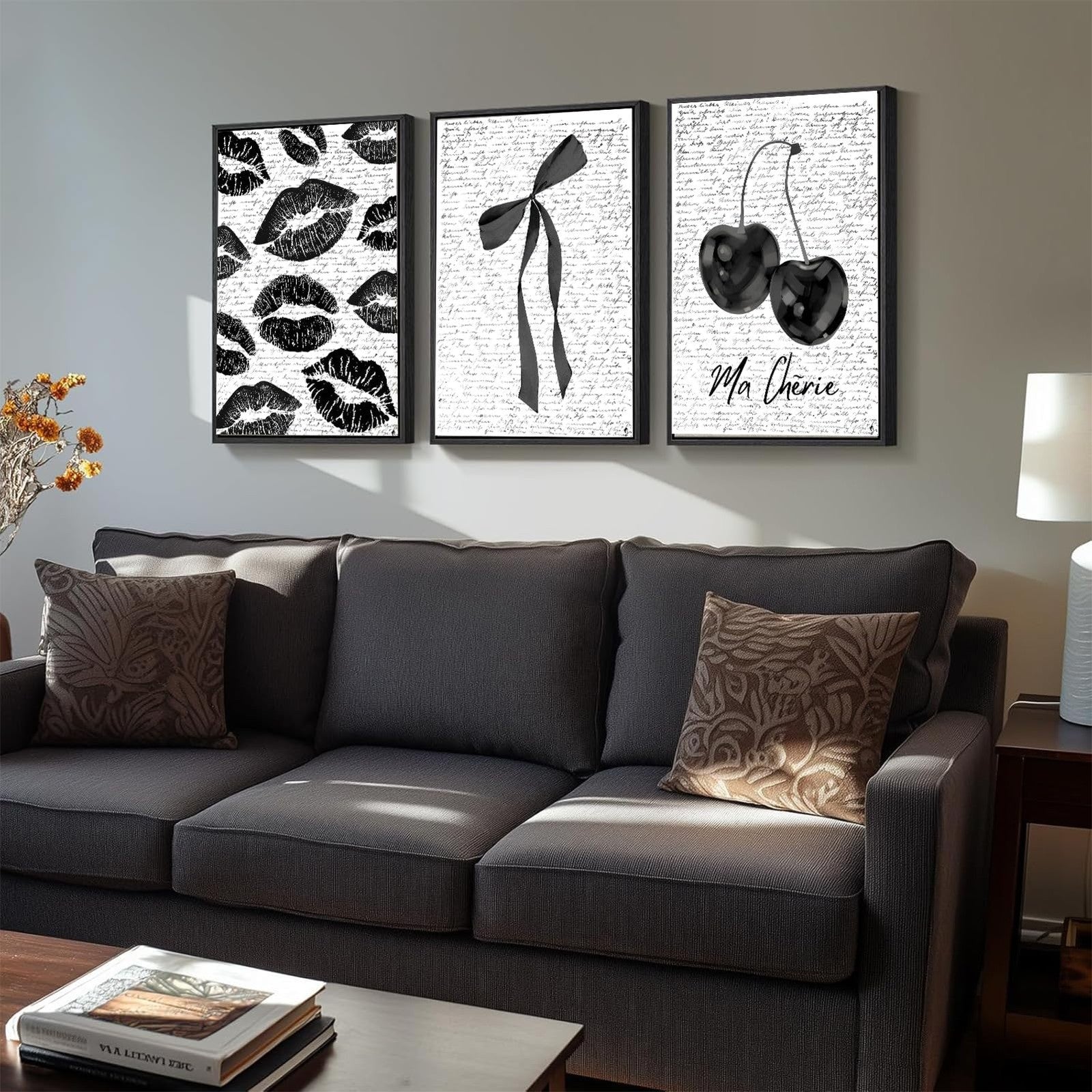 ZLSYQALW 3-piece black framed canvas wall art featuring vintage girl, lips, and cherry designs, stylish home decor artwork