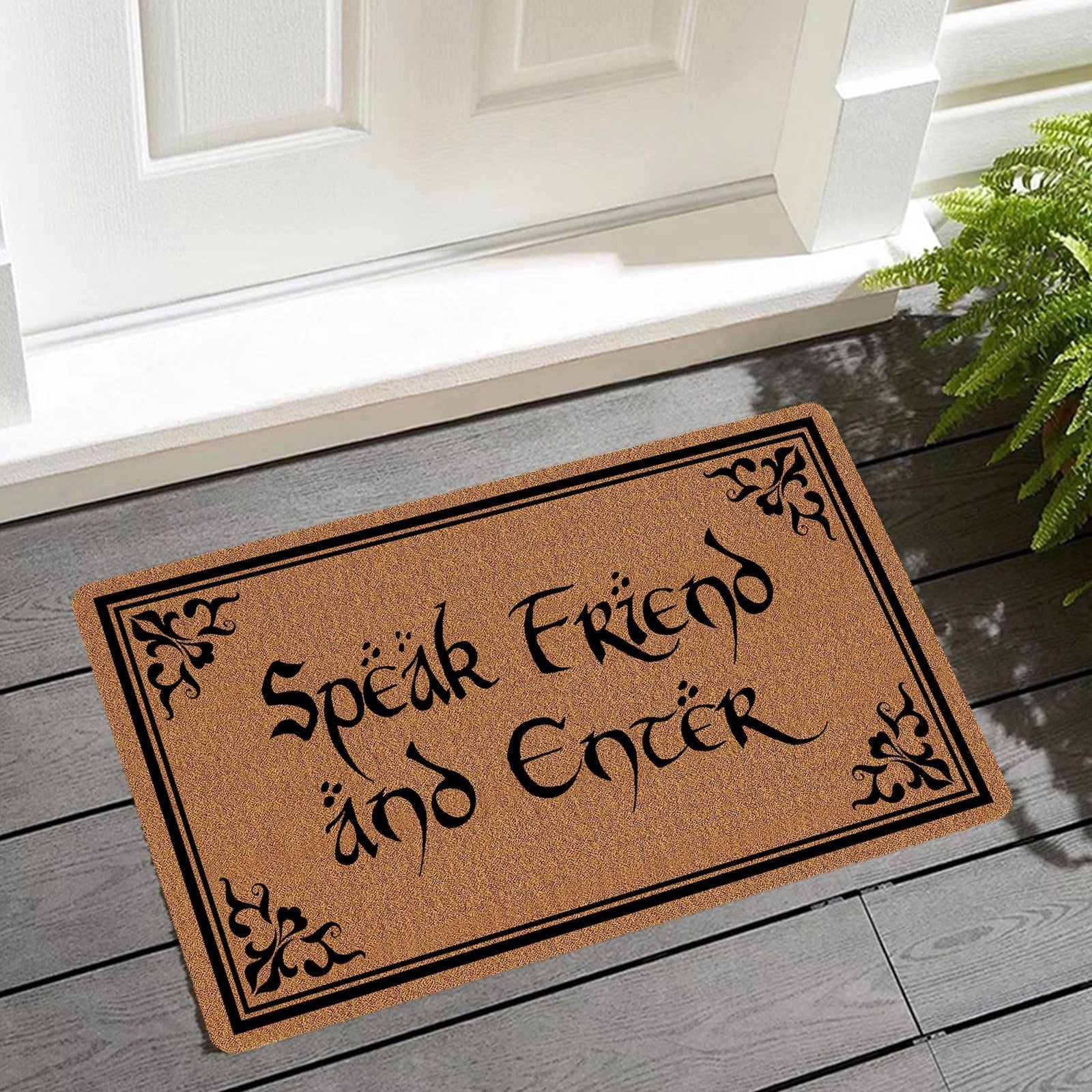 Funny "Speak Friend and Enter" doormat with welcome message, suitable for front door, decorative and humorous home accessory