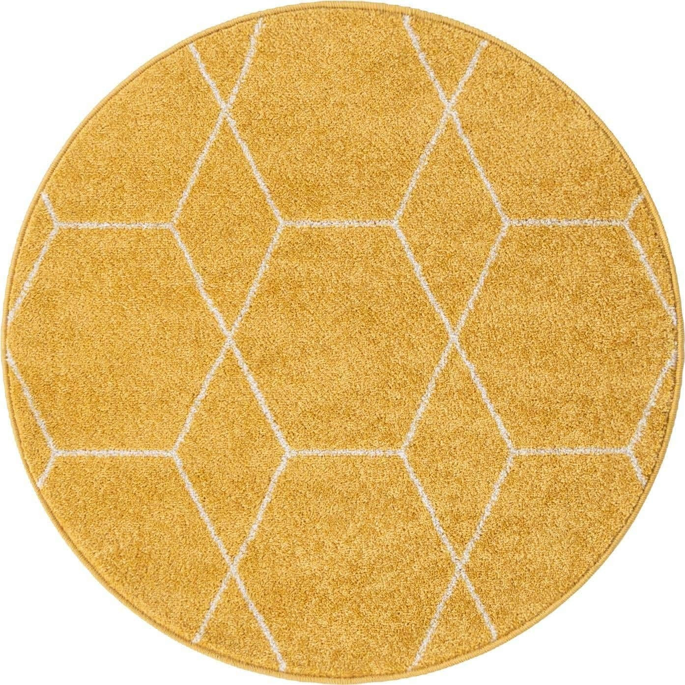 Unique Loom Trellis Frieze Collection area rug with geometric yellow and white round pattern on a plush surface.