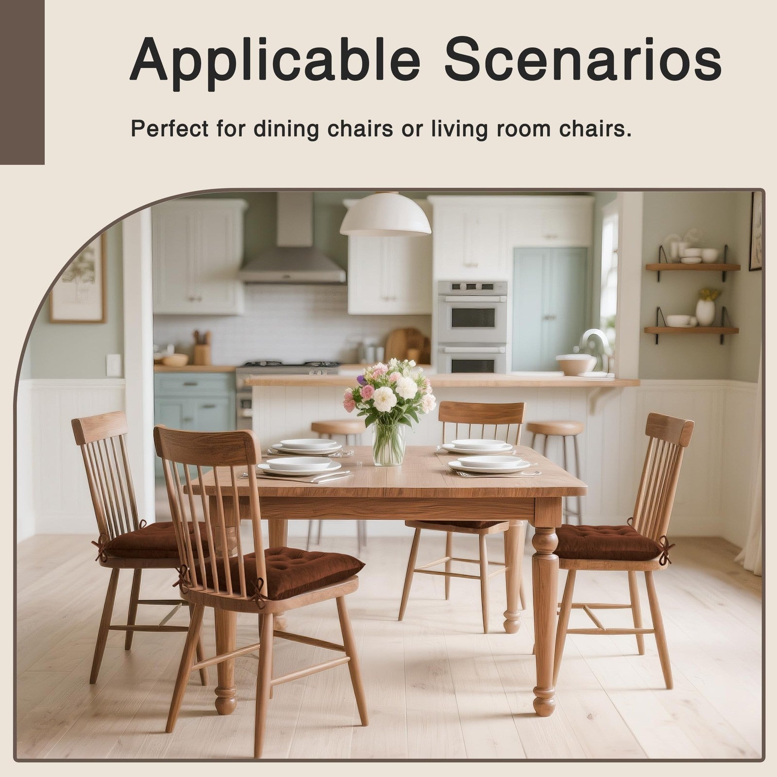 Set of four OVOV soft square dining chair cushions with plush upholstery, ideal for kitchen and desk chairs.