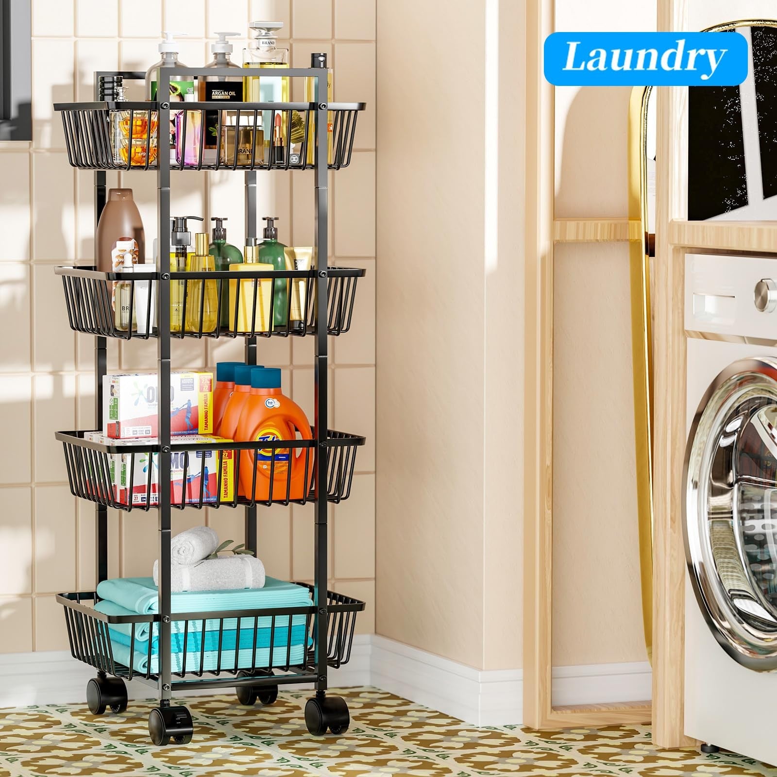 Simple Trending 4-tier rolling metal wire fruit and vegetable basket cart with wheels for kitchen storage.