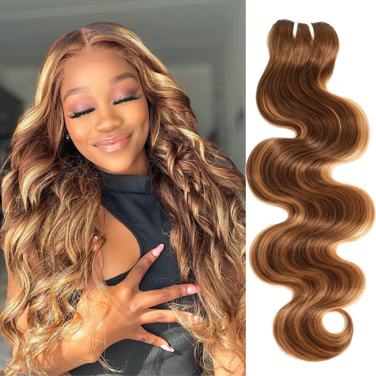 HerMous 13A Double Drawn Honey Blonde highlight thick body wave human hair bundles, natural and raw human hair, front view