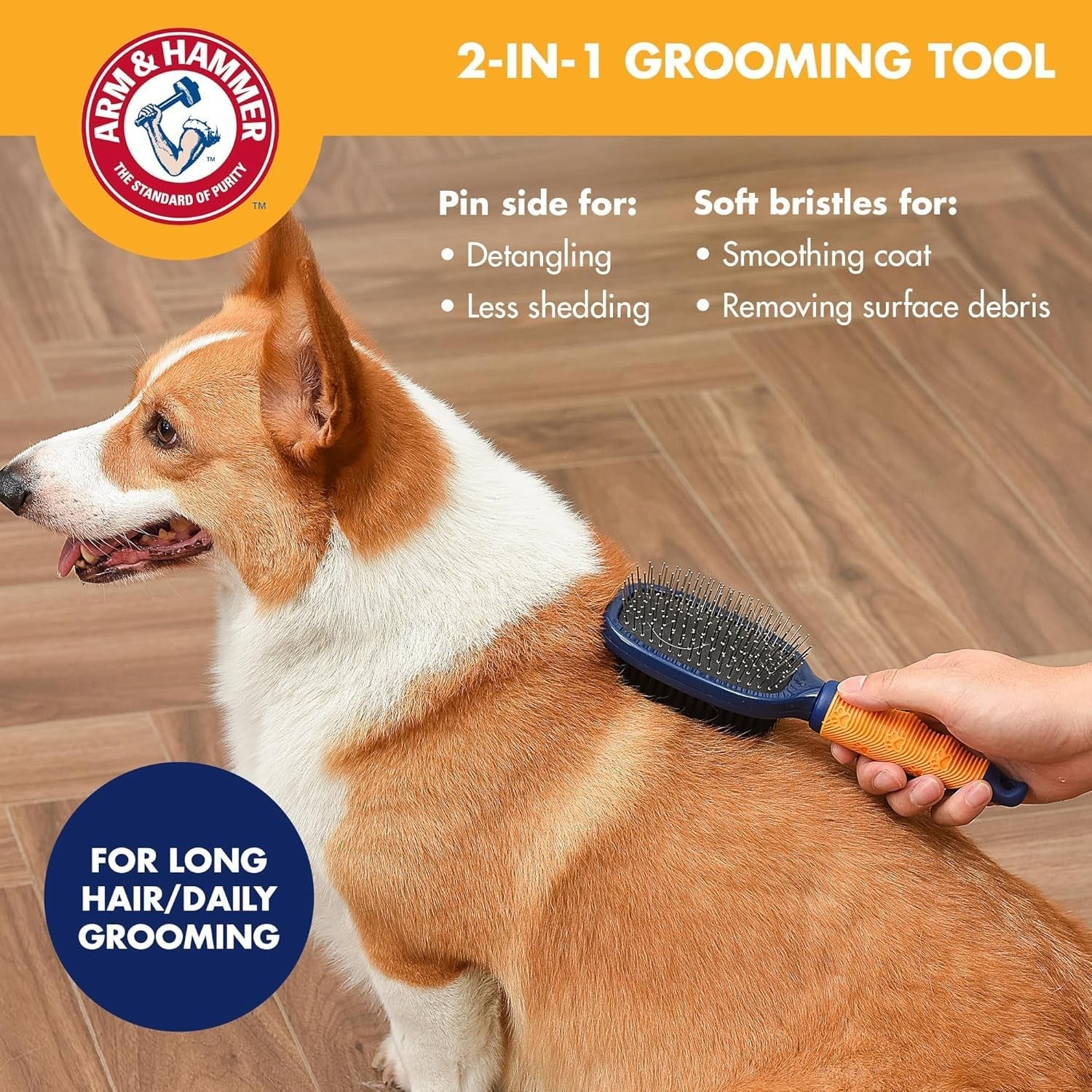 Arm & Hammer Deodorizing Pin & Bristle Dog Grooming Brush with fragrance transfer, showing the grooming brush with pins and bristles.
