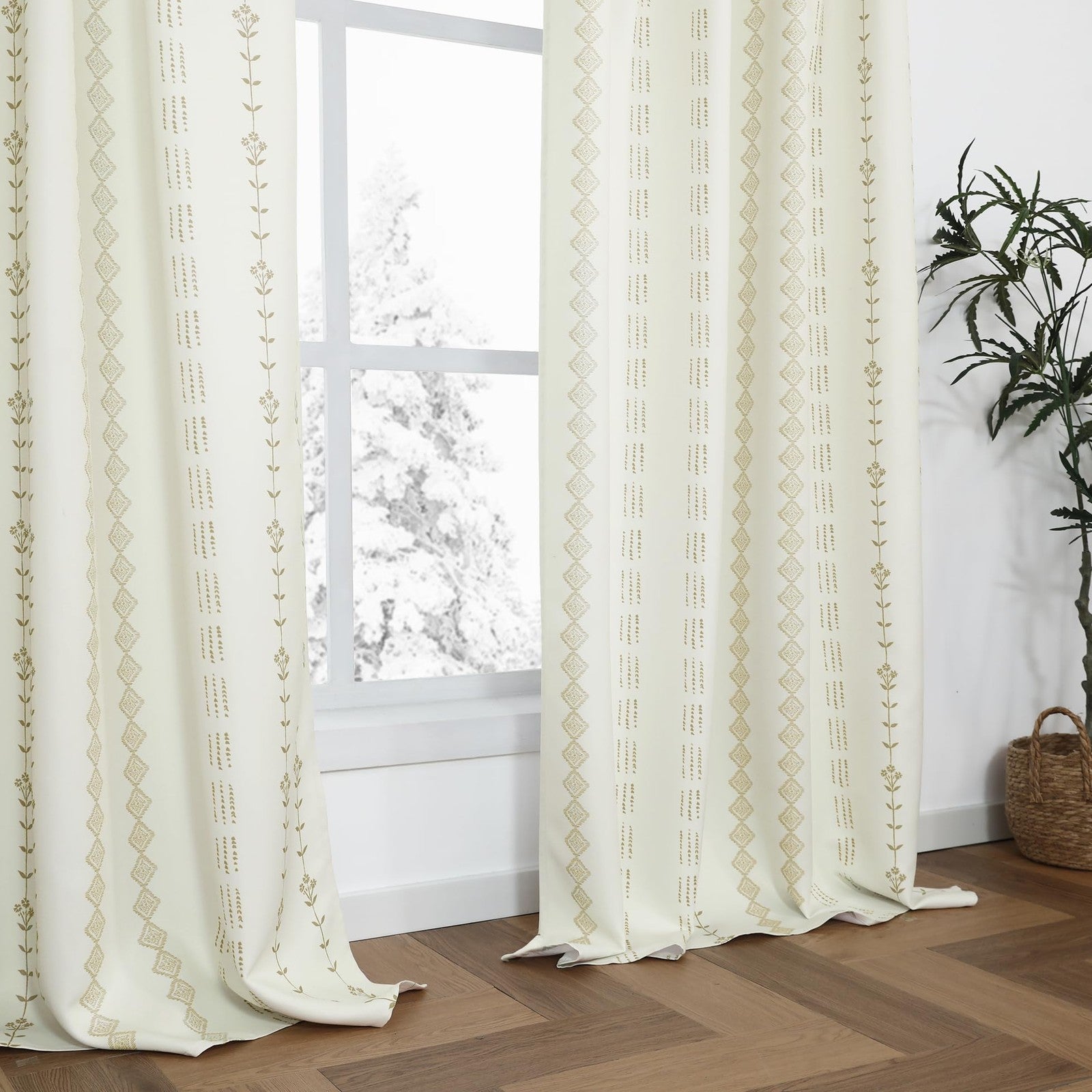 Neutral beige farmhouse curtains from Lino Rosa, 84-inch long with blackout tan fabric for living room decor.