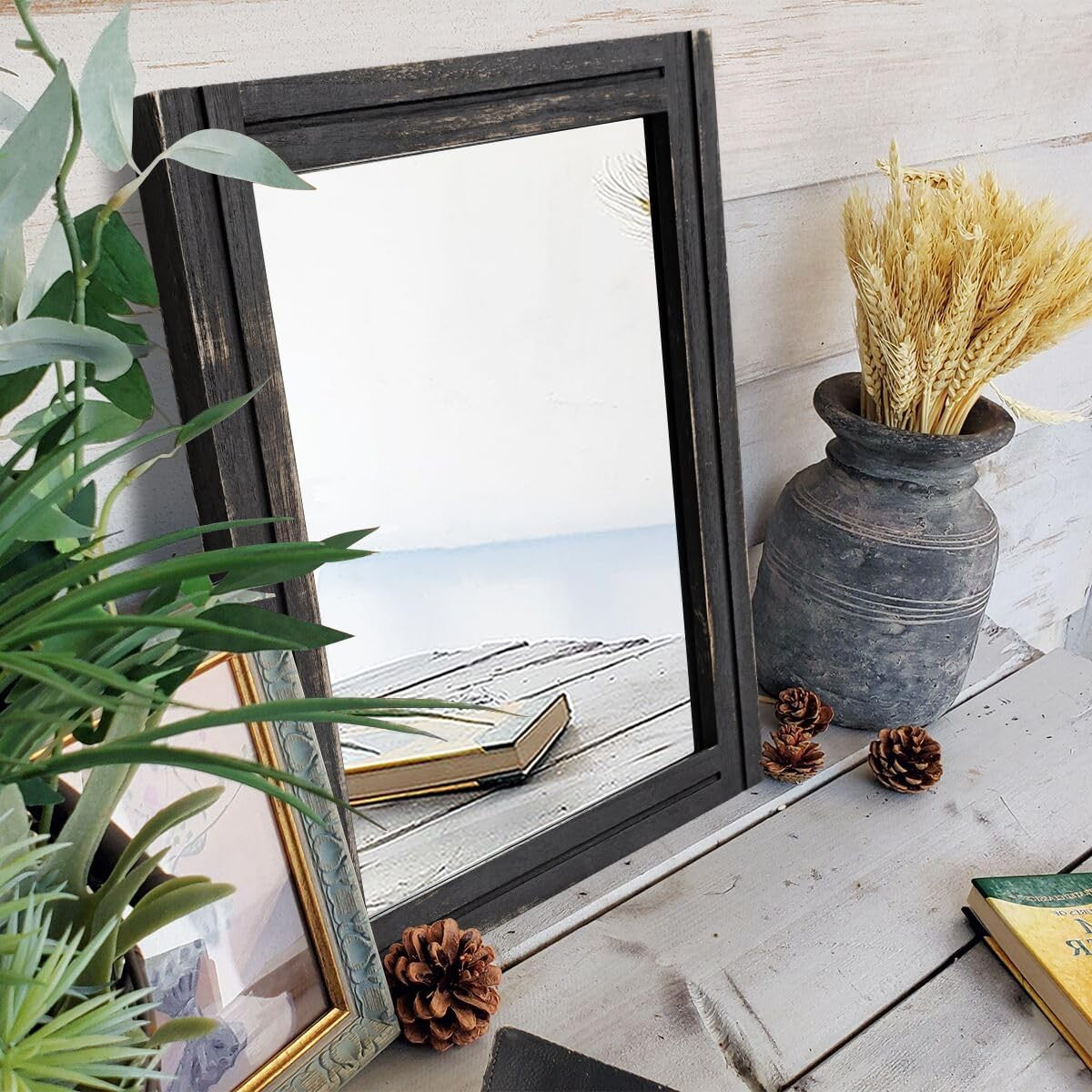 Small rectangular wall-mounted mirror with a wood frame by AAZZKANG, featuring a retro design for stylish bathroom or hallway decor.