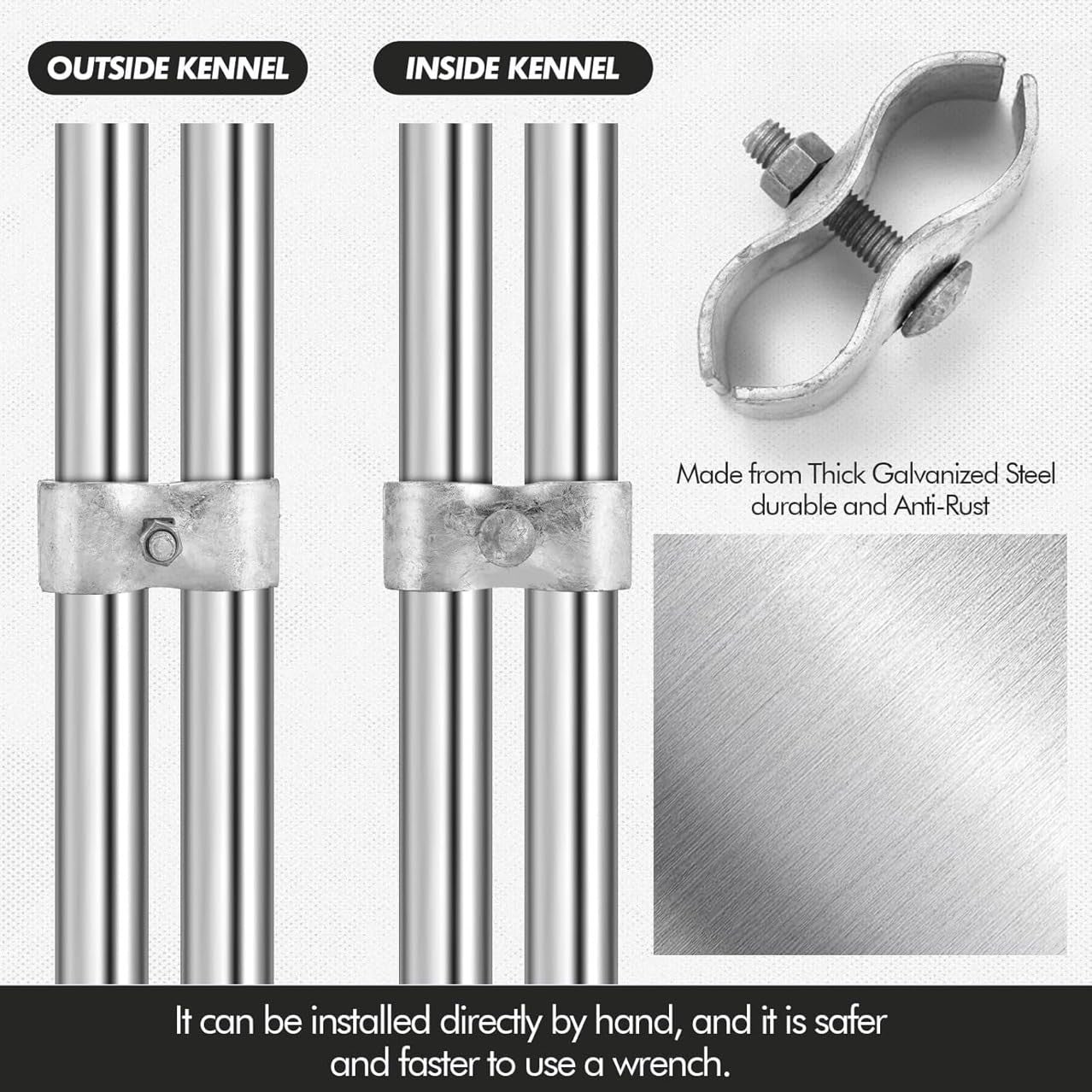 Set of 18 galvanized chain link fence panel clamps for dog kennels, showing metal clamps with a 1-3/8 inch size for fencing.