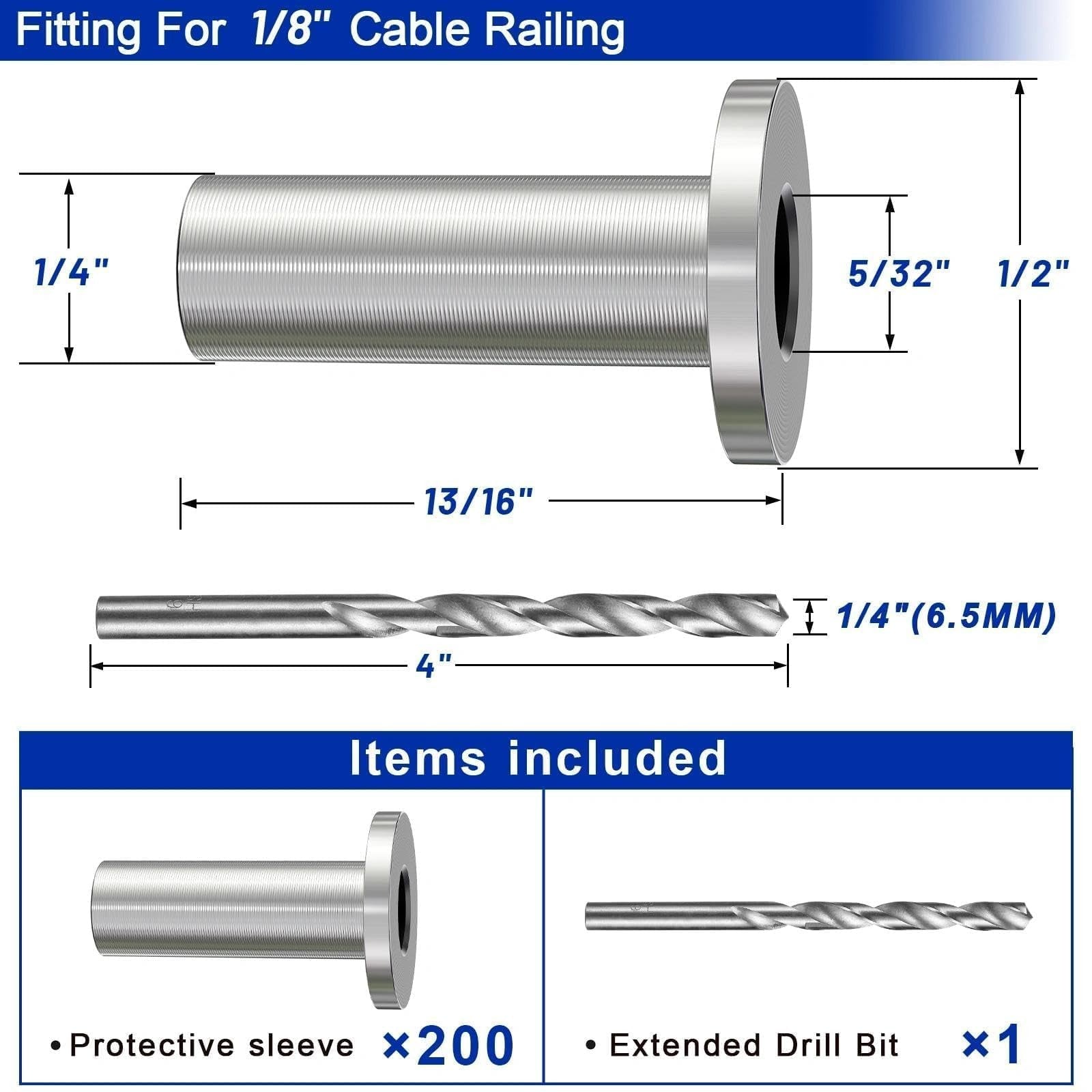 Steel DN Mate stainless steel protector sleeves for 1/8" wire rope, shown in a pack with multiple sleeves for cable protection.