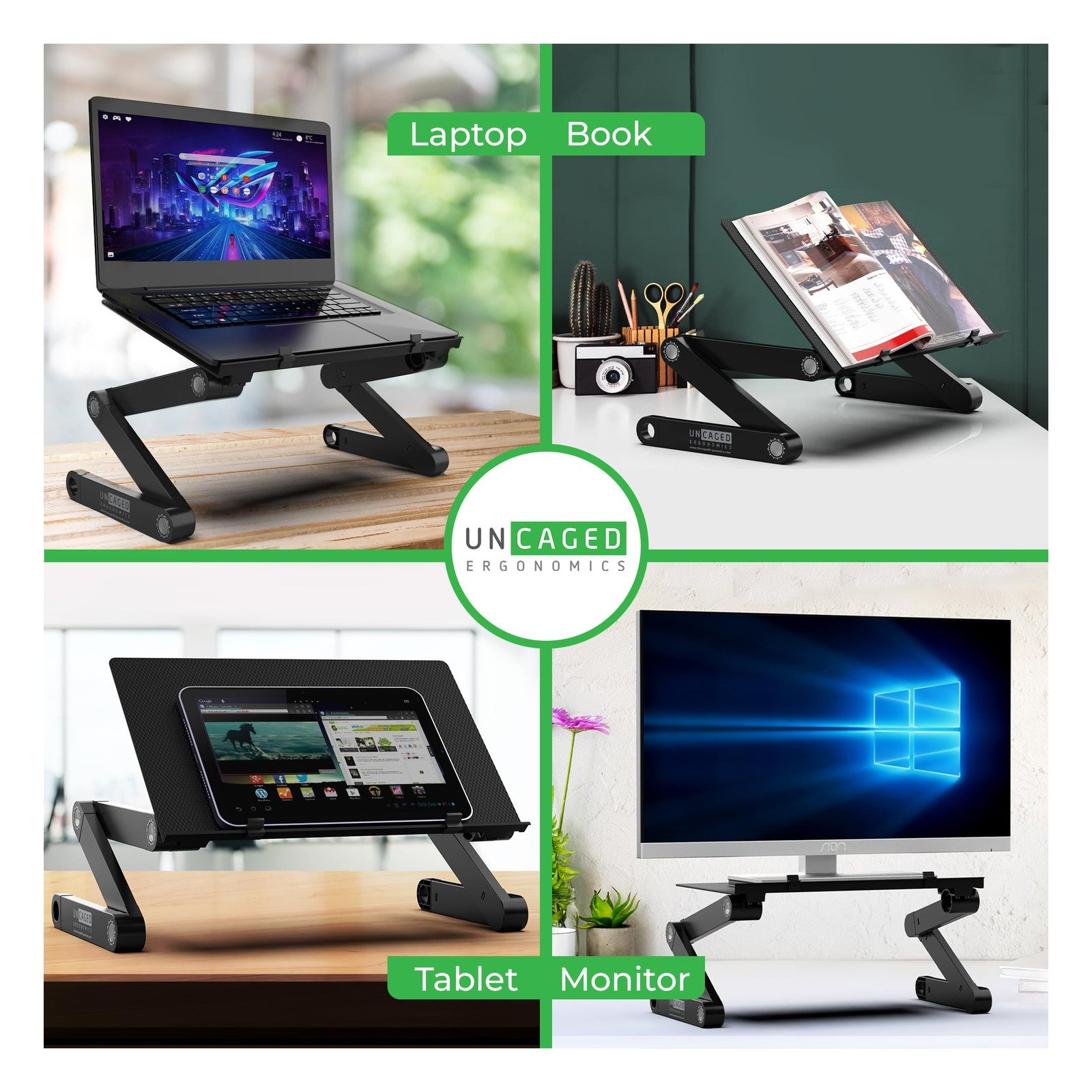 Uncaged Ergonomics WorkEZ adjustable laptop stand with ergonomic design and adjustable height on a desk for improved comfort.