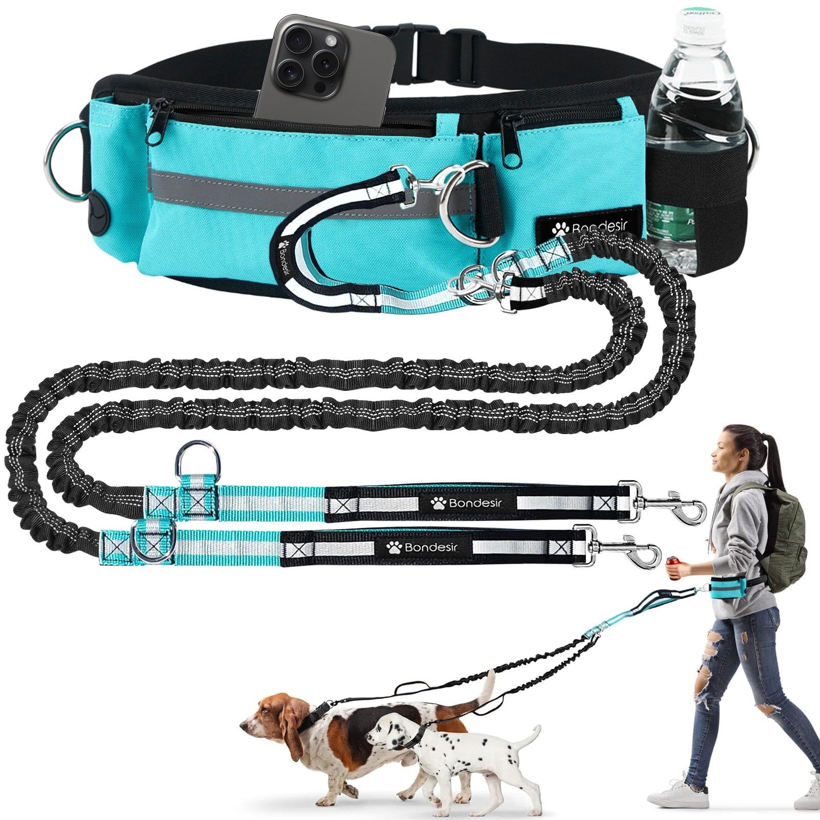 BONDESIR double dog walking waist leash with shock absorption for small, medium, and large dogs, showing adjustable straps and clips