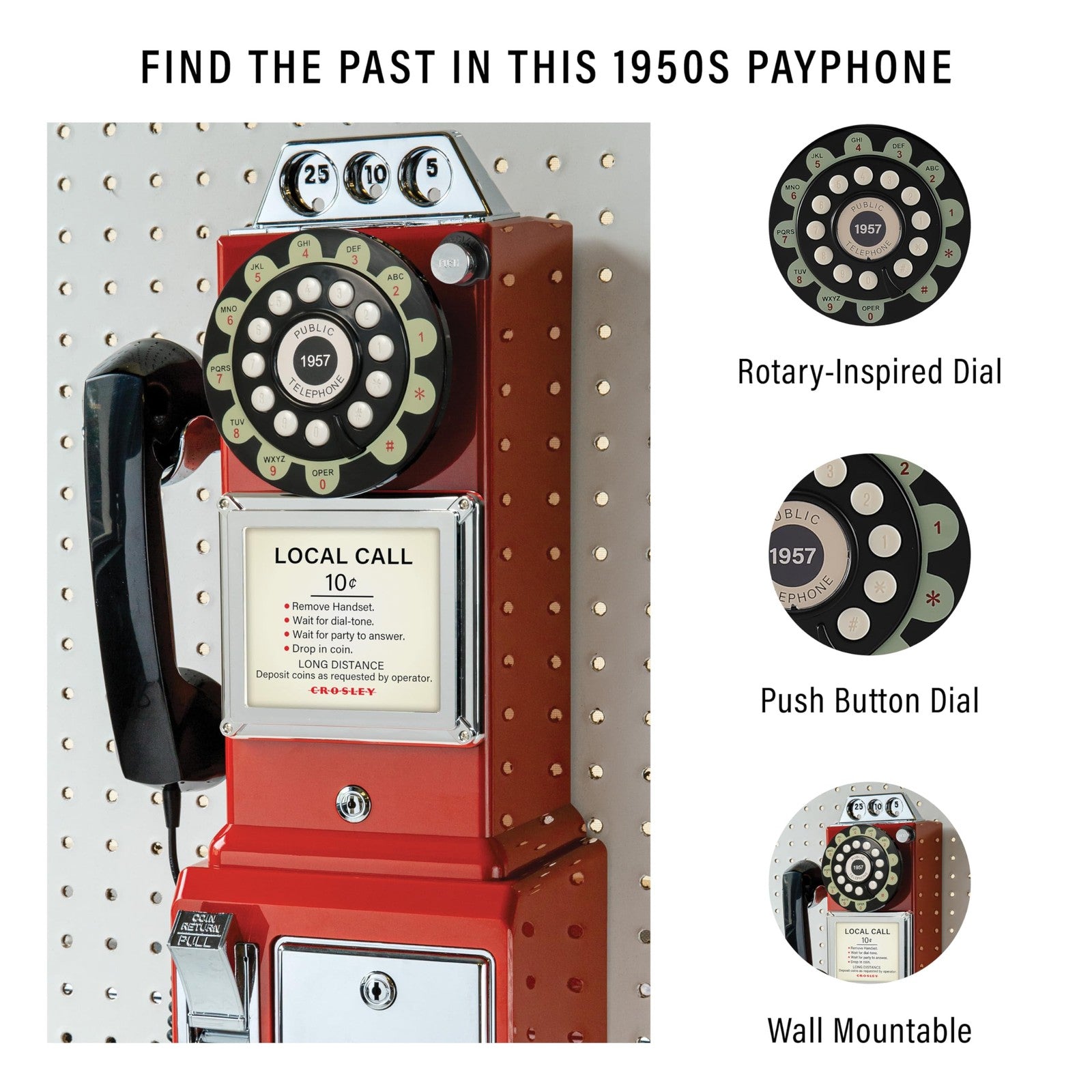 Red Crosley CR56-RE 1950s-style payphone with push button technology, featuring vintage design and modern functionality.