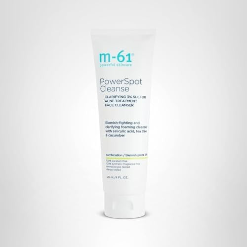 m-61 PowerSpot Cleanse clarifying acne-fighting cleanser with 3% sulfur and glyco, shown in a pump bottle with product label.